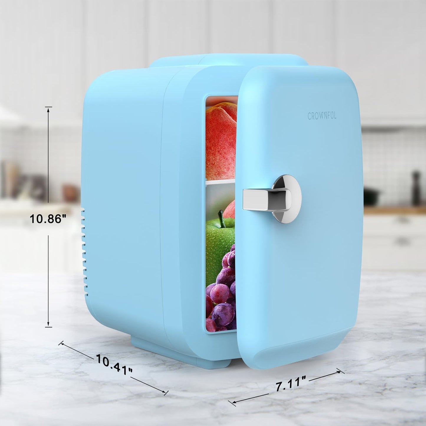 CROWNFUL Mini Fridge, 4 Liter/6 Can Portable Cooler and Warmer Personal Fridge for Skin Care, Cosmetics, Food,Great for Bedroom, Office, Car, Dorm, ETL Listed (Blue)