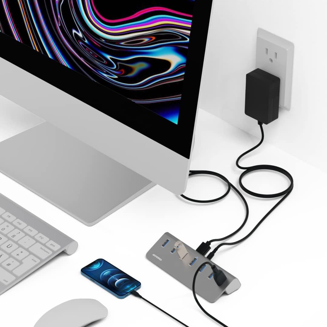Achoro 7 Ports Powered USB HUB – 2nd Generation 10GB Super Speed External USB Port – USB 3.2 Aluminium USB Hub for Computer, Mac, PCs, Smartphone & Tablets – Computer Multiple USB Hub (POWERED SILVER)