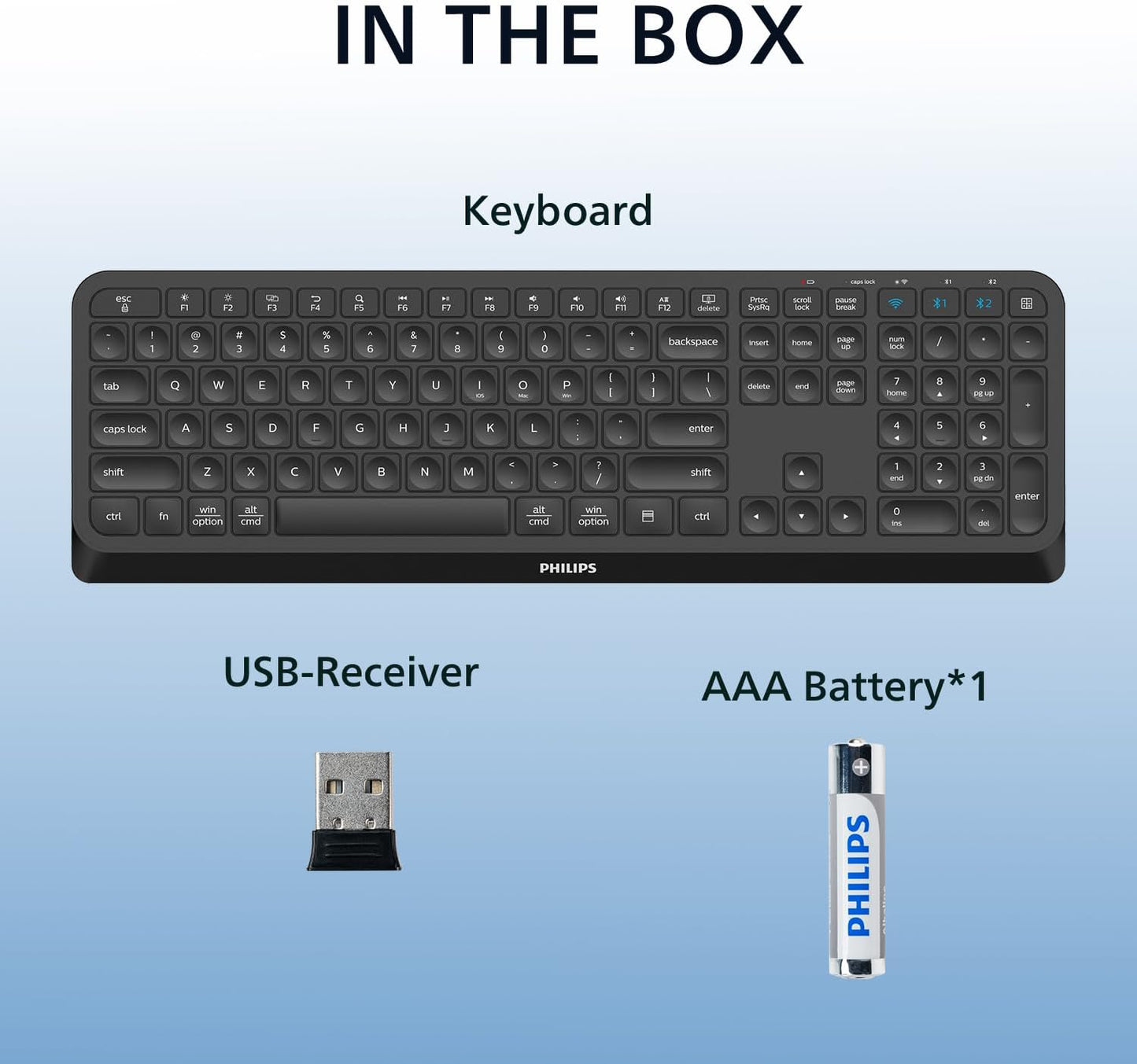 PHILIPS Professional Wireless & Bluetooth Keyboard - Standard-Layout Keyboards with 2.4GHz USB-Receiver, 3-Channel,Ergonomic & Quiet Design, Comfortable & Efficient for PC/Laptop/Pad