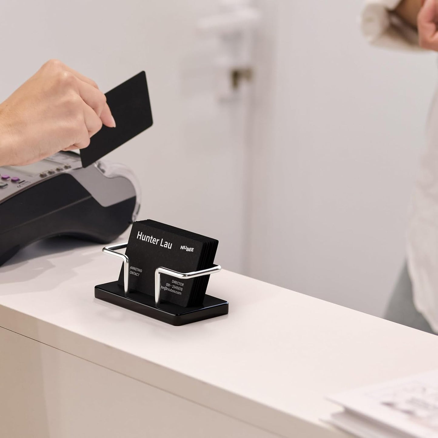 NIUBEE Acrylic Business Card Holder: Metal Business Card Display Stand for Desk - Frosted Name Card Organizer for Office, Reception, Desktop (Silver) - 2pack