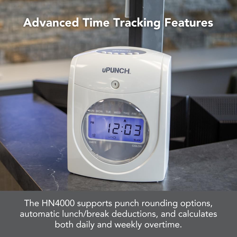 uPunch HN2500 Calculating Time Clock Bundle for Small Business: Auto Align Employee Time Tracking System with 100 Time Cards, Ribbon, and Keys