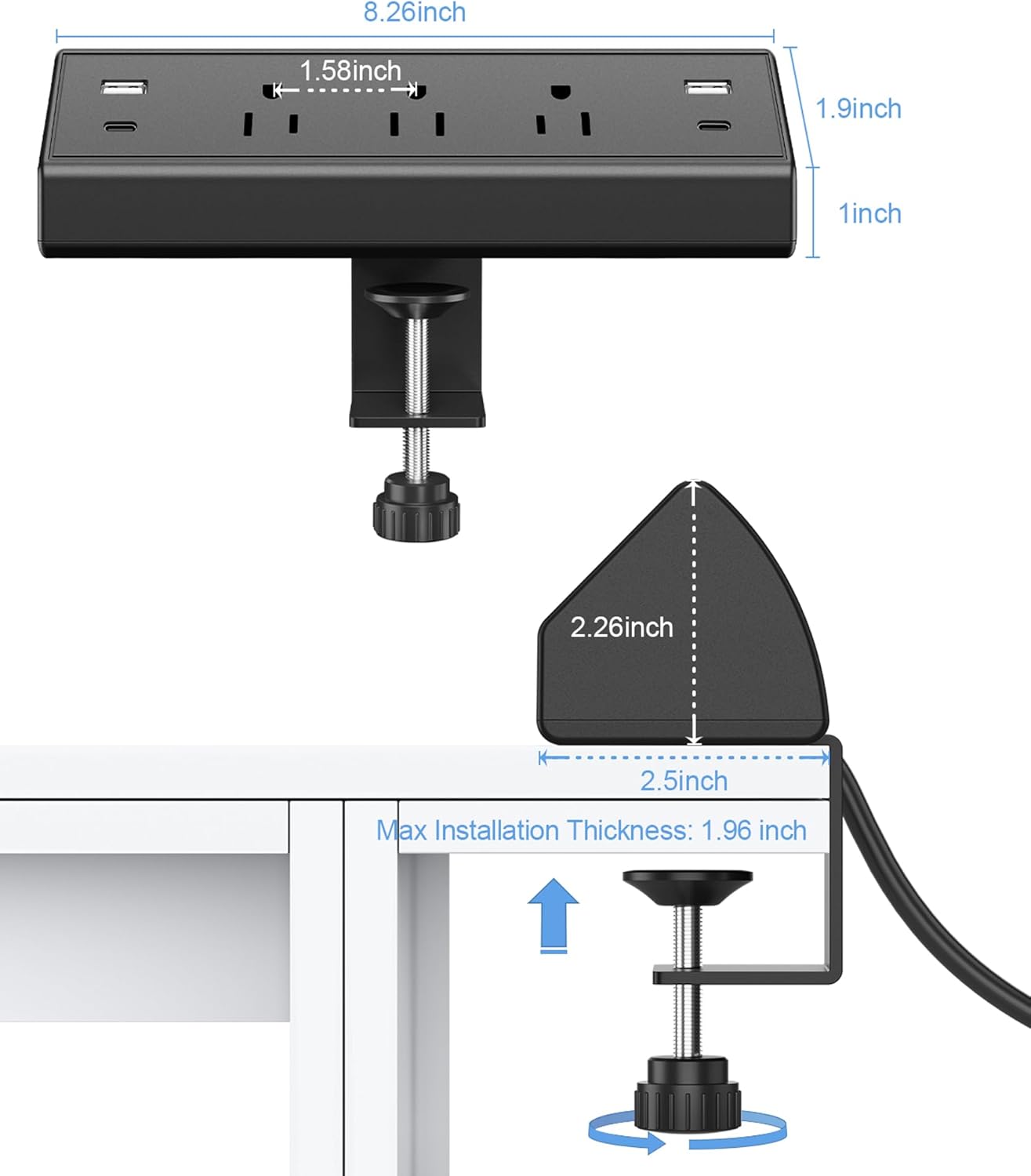 Jgstkcity Desk Clamp Power Strip,40W Total Fast Charging Station,2 PD 20W USB C Ports,Desk Edge Mount Surge Protector for Home, Office,3 Outlets,Fit 1.96" Tabletop Edge,ETL Listed