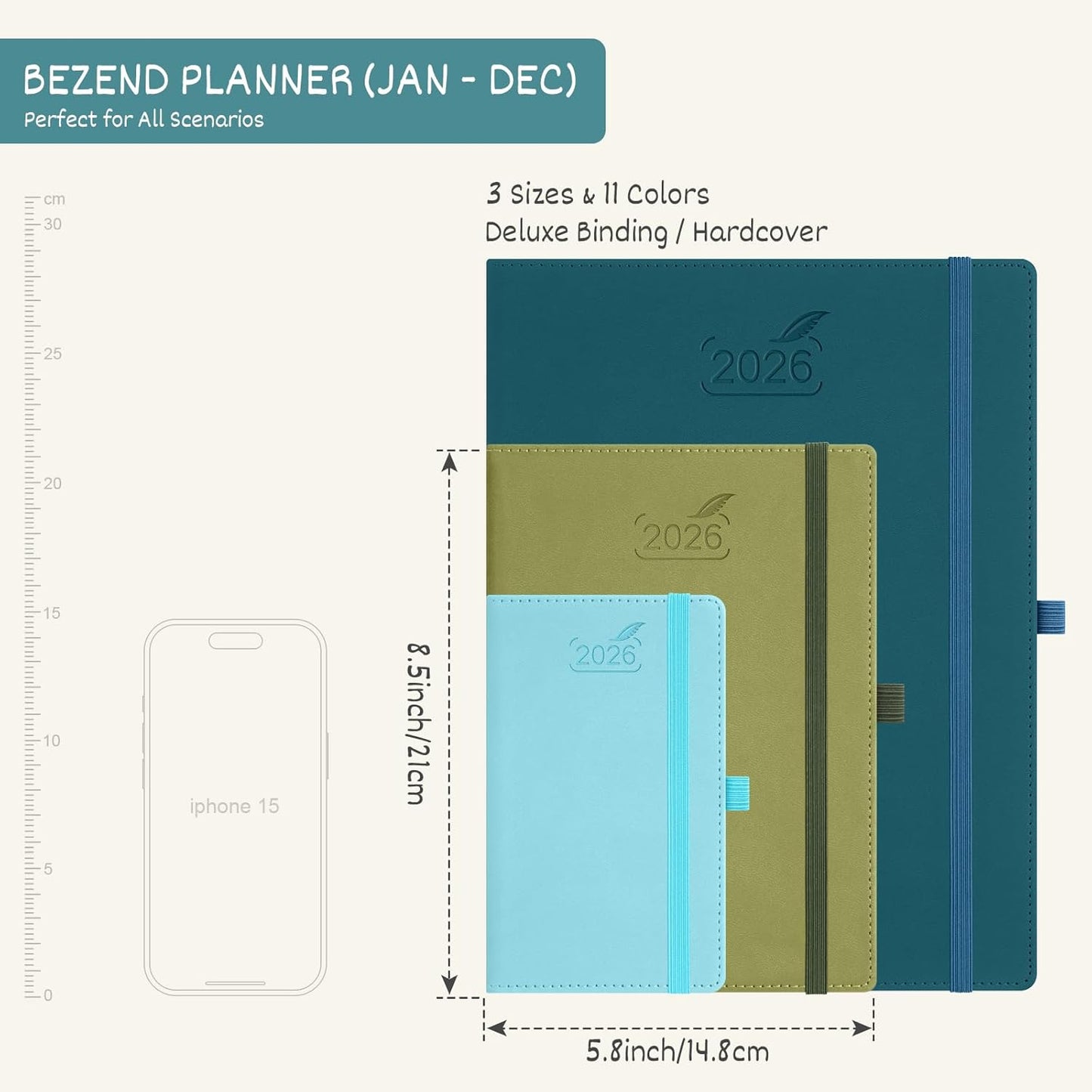 BEZEND 2026 Planner Weekly and Monthly (6" x 8.5") Daily Calendar with Half-Hourly Timeslots & Tabs (Jan-Dec) Note & Expenses, Pen Holder, Inner Pocket, Vegan Leather Hardcover - Kiwi