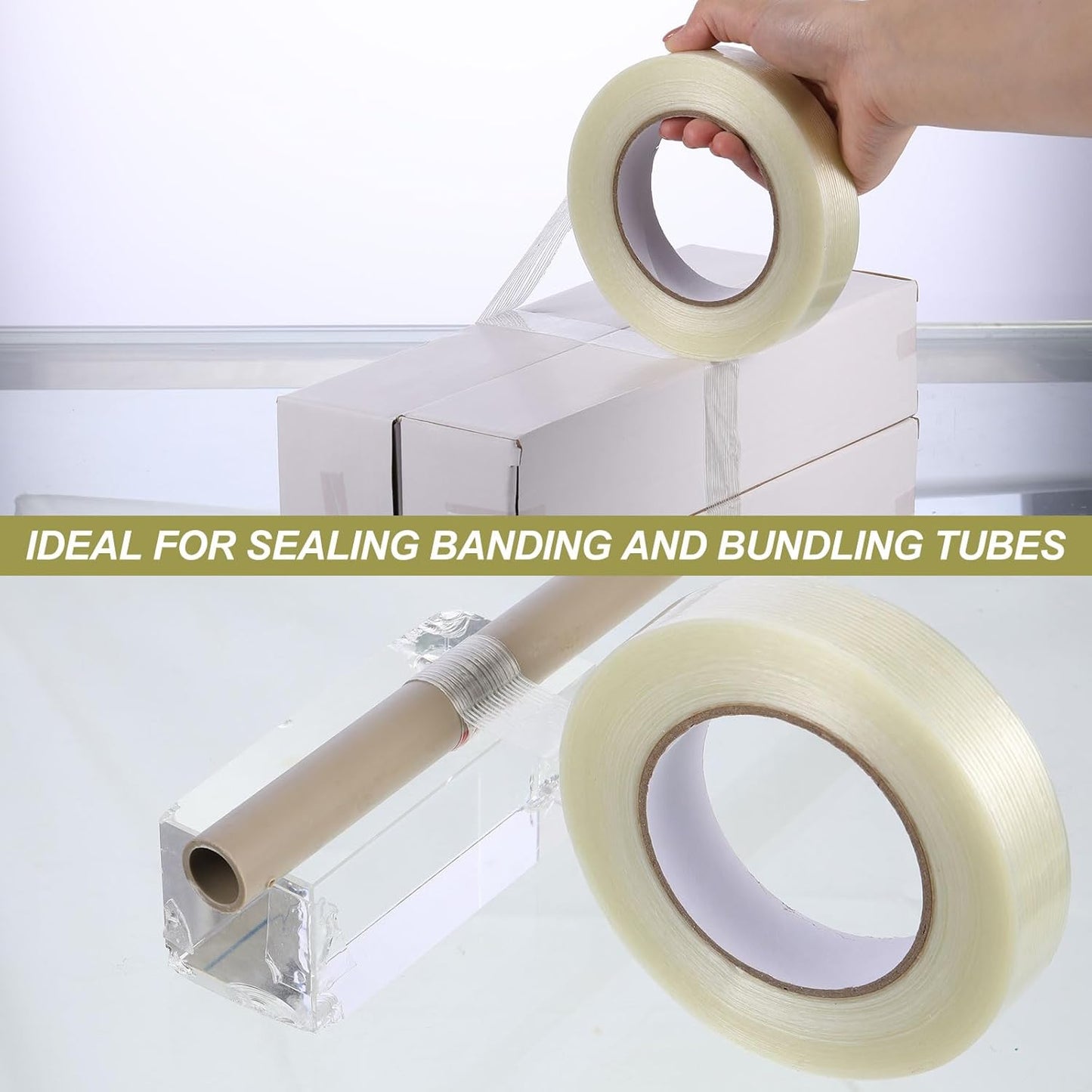 Treela 20 Rolls 1 Inch x 60 Yards Filament Strapping Tape Transparent Reinforced Fiberglass 5.5 Mil Heavy Duty Packing Shipping Tape for Sealing Binding Fixing