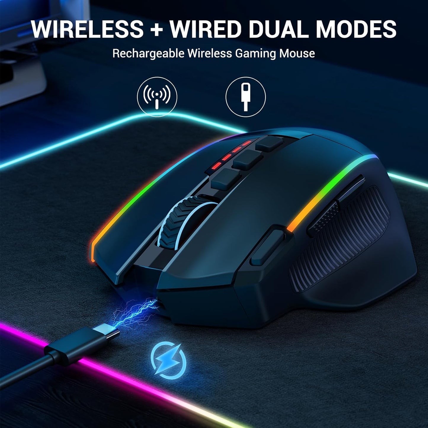 Redragon Wireless Gaming Mouse, Ergonomic Mouse 16000 DPI with Rapid Fire Key, 9 Macro Buttons, 170-Hour Durable Power Capacity and RGB Backlight Wired/Wireless Mouse for Laptop/Mac/PC