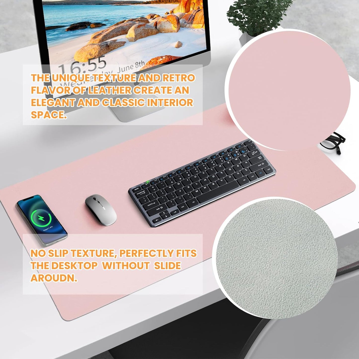 Desk Mat Wireless Charging Mouse Pad Large 32x16 Journey Desk Pad Mat with Wireless Charger Waterproof Pink Leather Computer Mat with Phone Charger Mousepad Non-Slip for Keyboard and Mouse