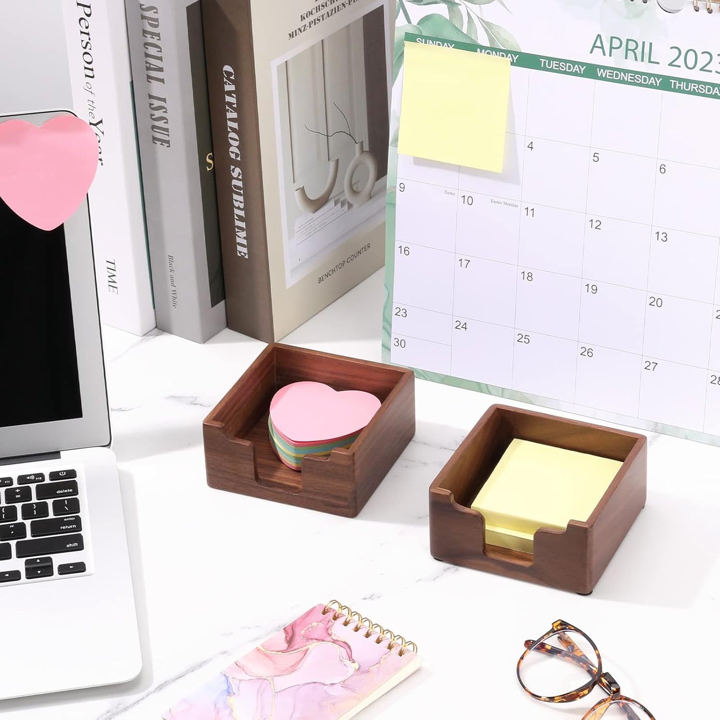 Bamber Sticky Note Holder Cute for Desk Walnut Wood Notepad Holder Organizer for Office School Home, Pack of 2