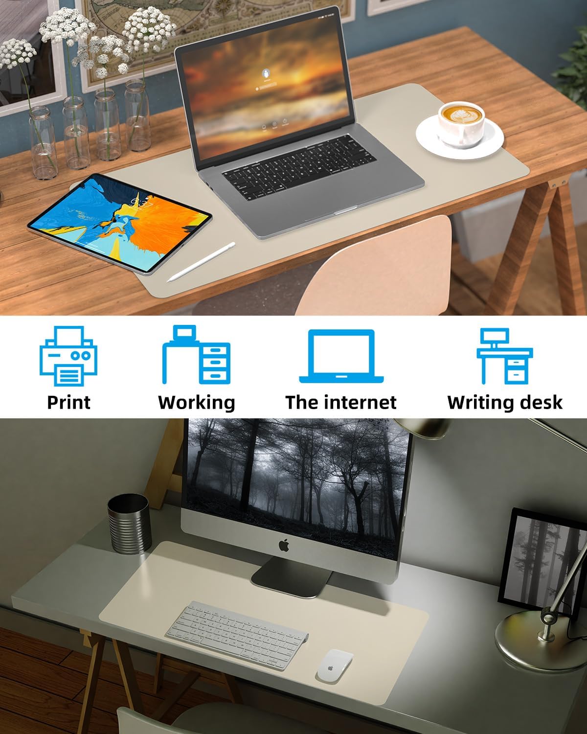 Small Desk Mat,Leather Desk Pad Protector,Desk Mouse pad,Office Desk mat,Laptop Mat for Desk, Non-Slip PU Leather Desk Blotter,Waterproof Desk Writing Pad for Office/Home(31.5"x15.7",Beige)