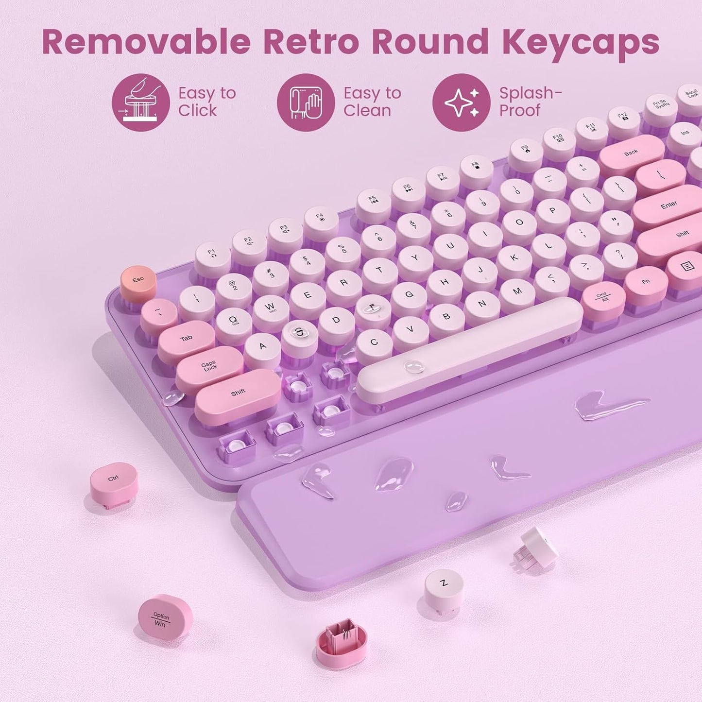 Wireless Keyboard and Mouse Combo-Round Keycaps, Full-Size Retro Typewriter Keyboard with Detachable Wrist Rest, Sleep Mode & Tilt Legs, 2.4GHz Cordless Connection for Mac/Windows/PC (Lavender Purple)
