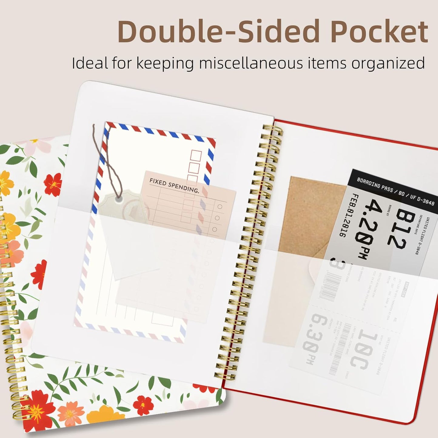 Cute Spiral Notebook journal B5 Aesthetic Pretty Design for Women Girls Kawaii with Pocket, 10 x 7.2 inch, Lined, Red Floral