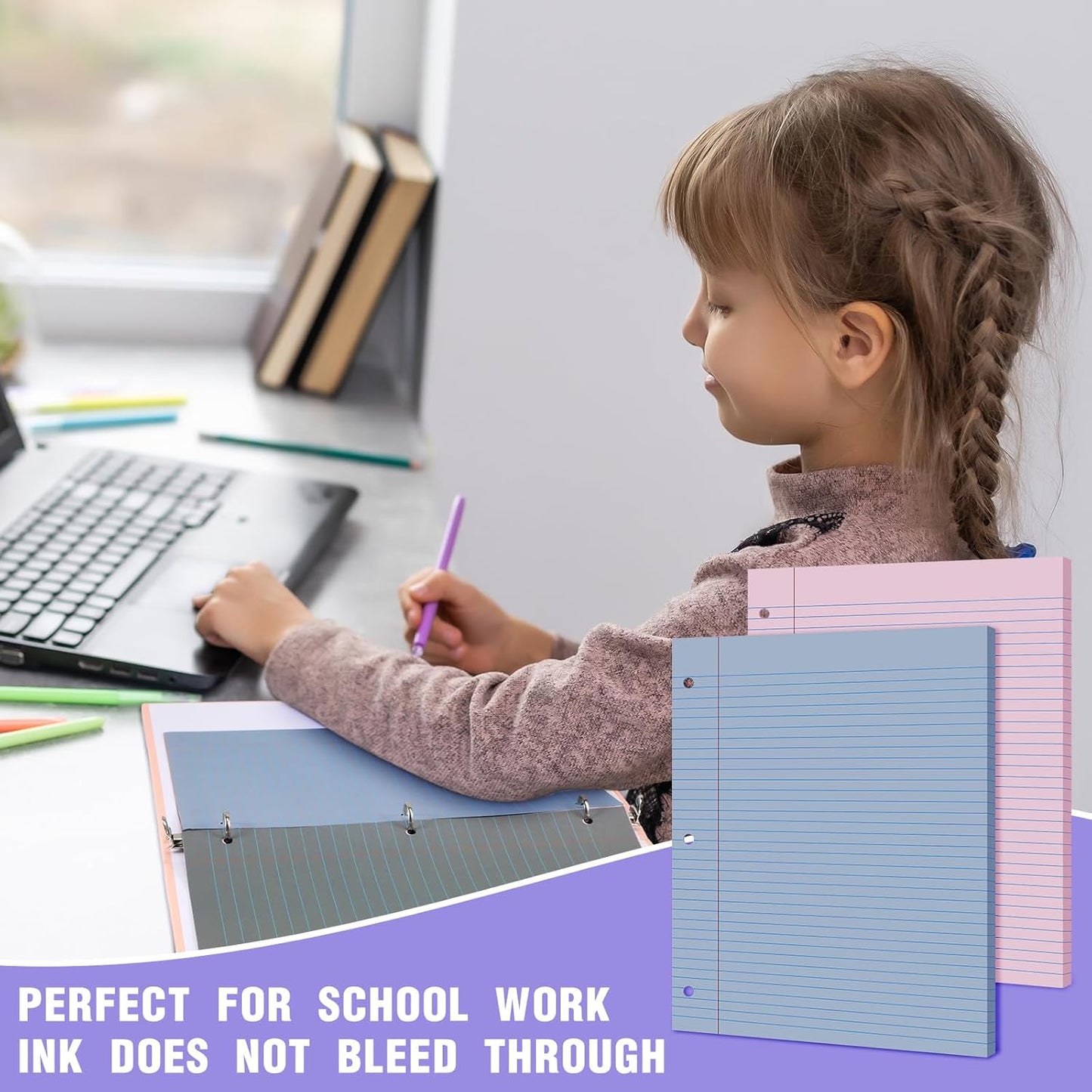 PerKoop 12 Pack 600 Sheets Colored Lined Paper Bulk Wide Ruled 8 x 10.5 Inches, Pastel Loose Leaf Notebook Paper 3 Hole Punched Filler for Back School Classroom Supplies(Elegant Color)