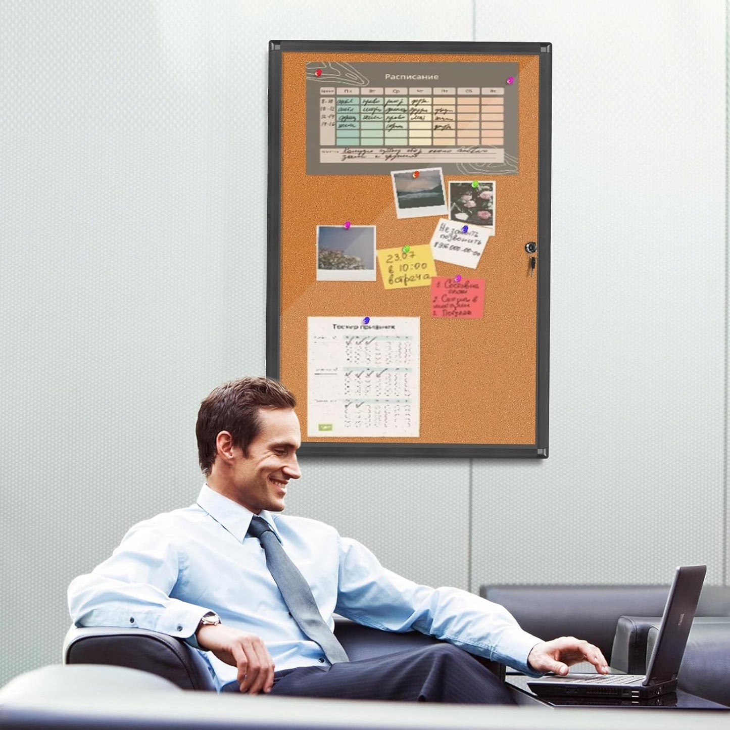 Enclosed Bulletin Board, Cork Noticeboard Board with Clear Acrylic Locking Door, Wall-Mounted Display Case for Indoor, Message Board 36x24in (5xA4)