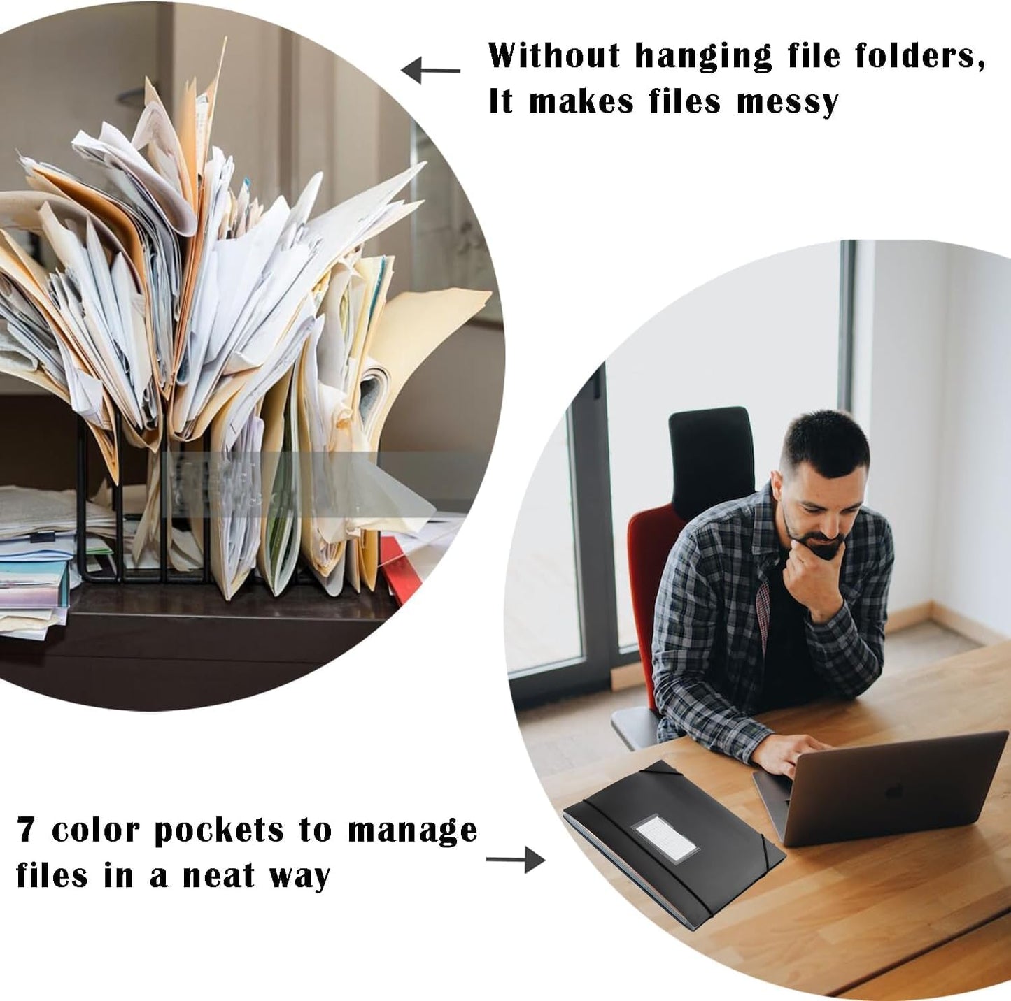 TRANBO 7-Pockets Hanging File Folder with Retractable Hooks for Filing Cabinet, Letter Size Expandable Accordion File Organizer with Elastic Band for File Frame or On-The-Go Use (1 Pack)