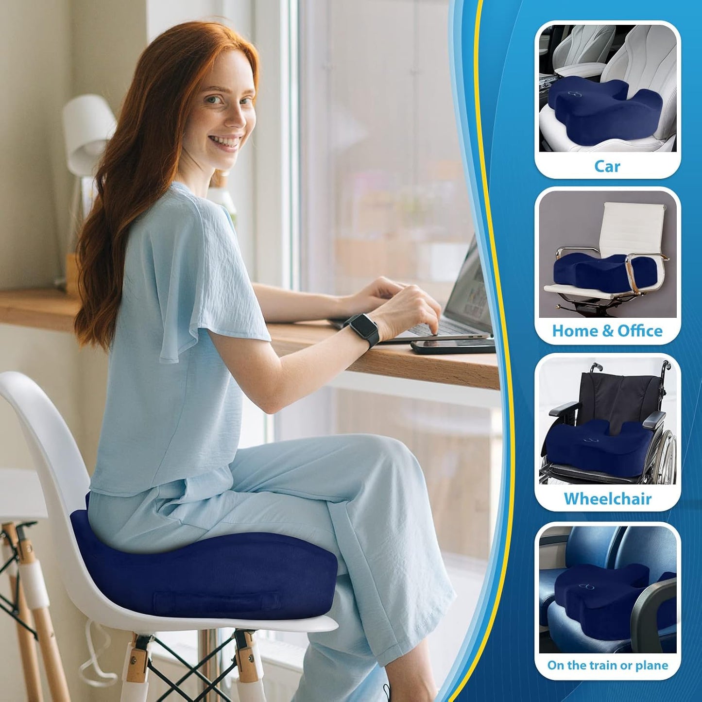BlissTrends Seat Cushion,5.2in Thick Memory Foam Cushions for Office Chair, Car Seat, Airplane, Relieving Pressure Tailbone Sciatica Back Pain for Long Sitting Office Workers, Car Drivers Blue