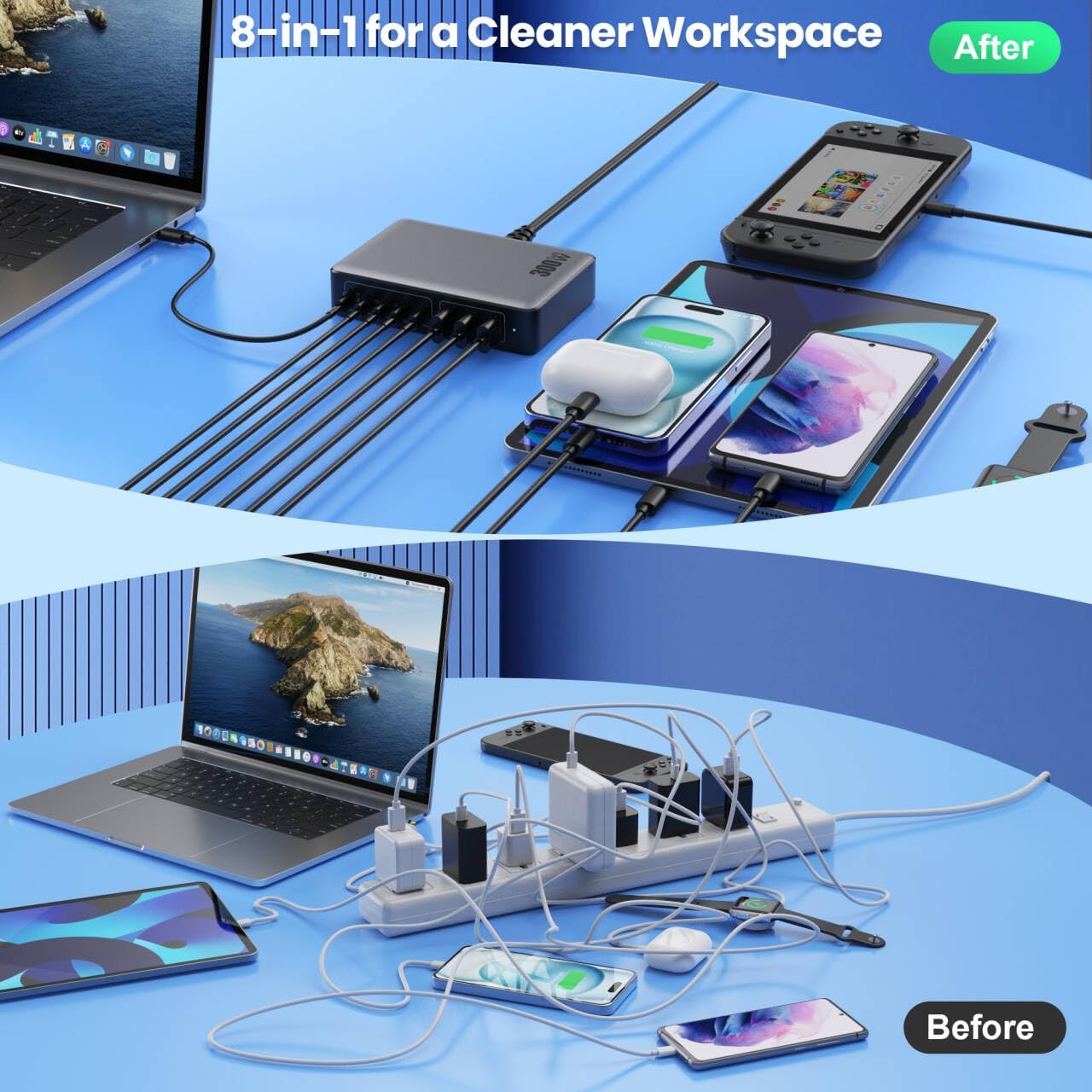 USB C Charger 300W USB C Charger Block, 8-Ports GaN IV Fast Charging Station Hub, Dual PD 100W Laptop Charger Adapter,for MacBook Pro/Air/iPad/iPhone16/15/14/Apple Watch/DELL/Samsung for Home Office