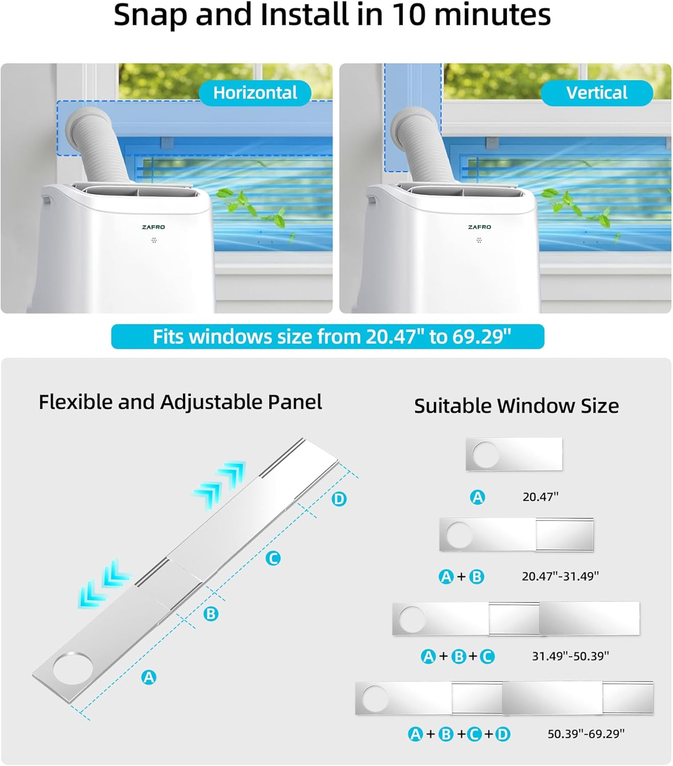 ZAFRO 12000 BTU Portable Air Conditioners (8000 BTU SACC), AC Unit for Bedroom with Drainage-free Cooling, Fan & Dehumidifier, 47dB Quiet, 24H Timer, APP Control/Remote/LED Display