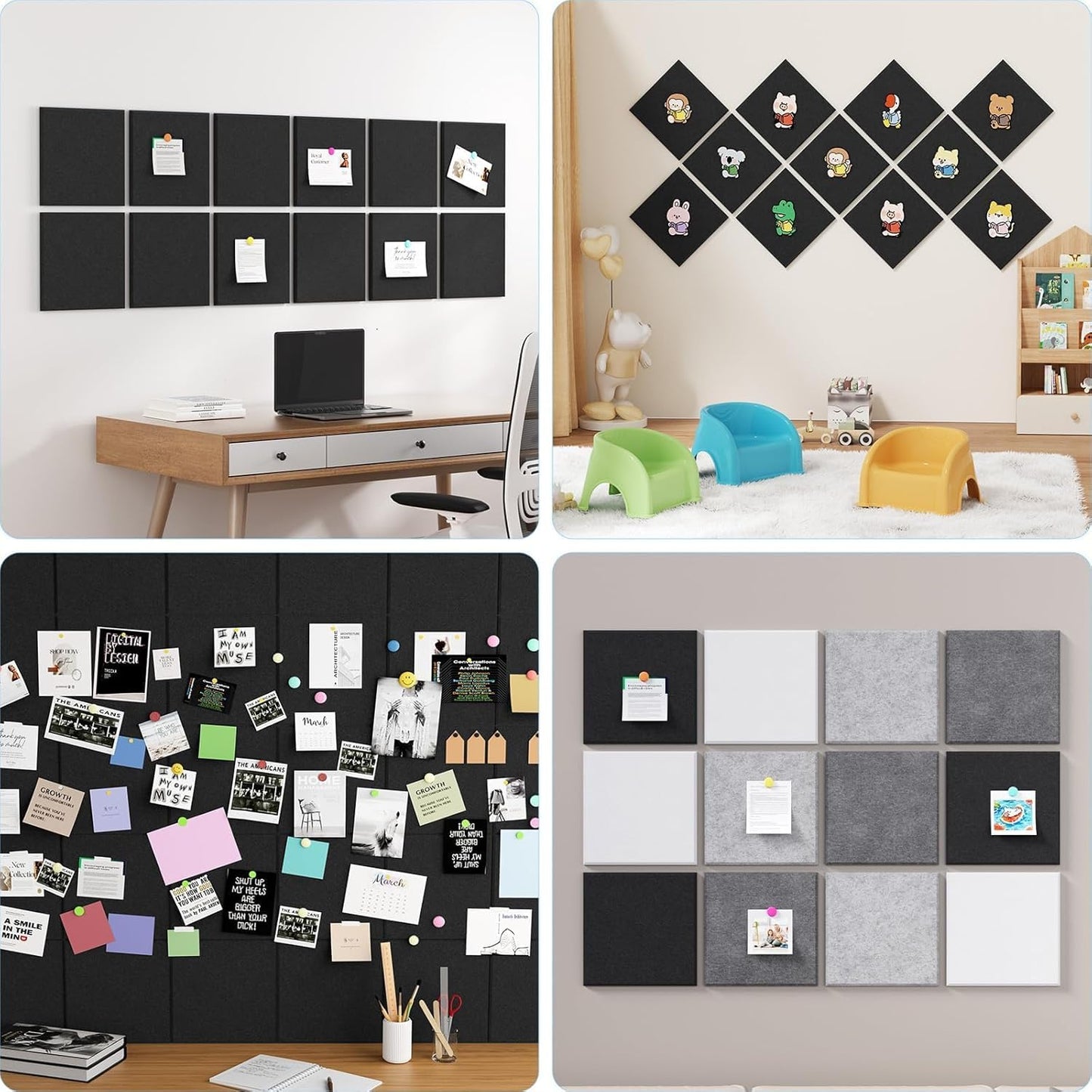 Large Cork Boards for Walls – 48 x 36 Self Adhesive Felt Wall Tiles, Ideal for Office Black Bulletin Board, Easy to Install Pin Board Photo Board