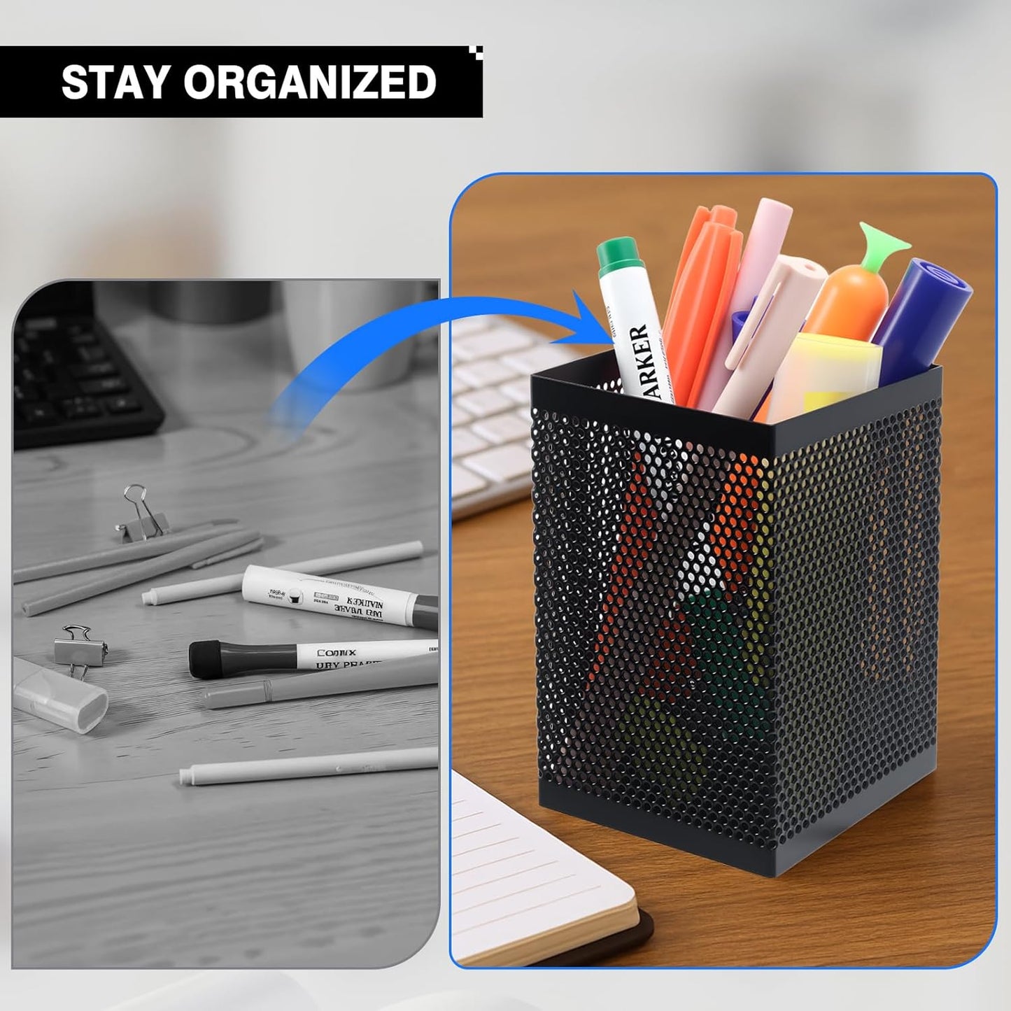 Comix Mesh Pen Holder Desk, Wire Pencil Holder with Foam Pad and Non-Slip Bottom Office Supplies Desk Organizer for Home Office School, 2 Packs