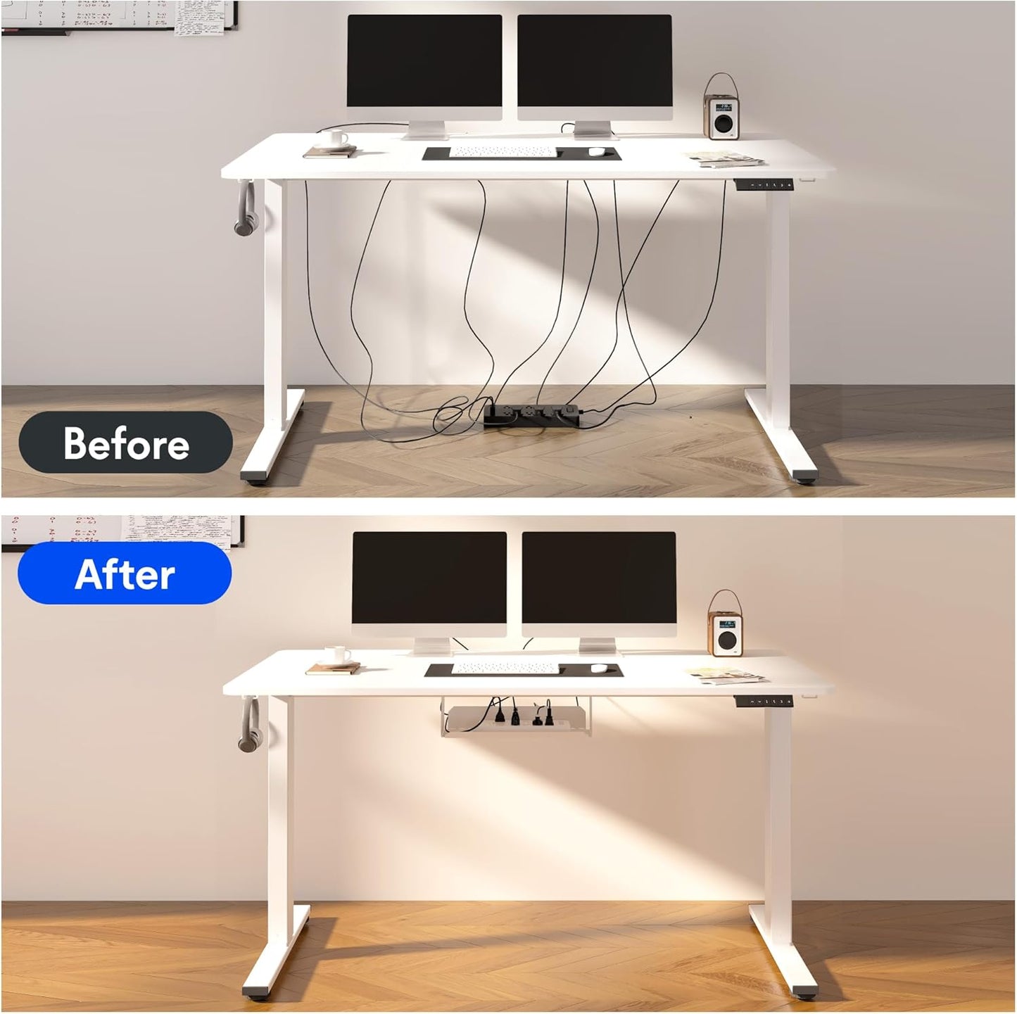 FLEXISPOT EN2 Whole-Piece Standing Desk with Clamp Power Strip, 48 x 30 Electric Stand Up Height Adjustable Desk with Cable Management (White Frame + 48" Gray Wood Grain, 2 Packages)