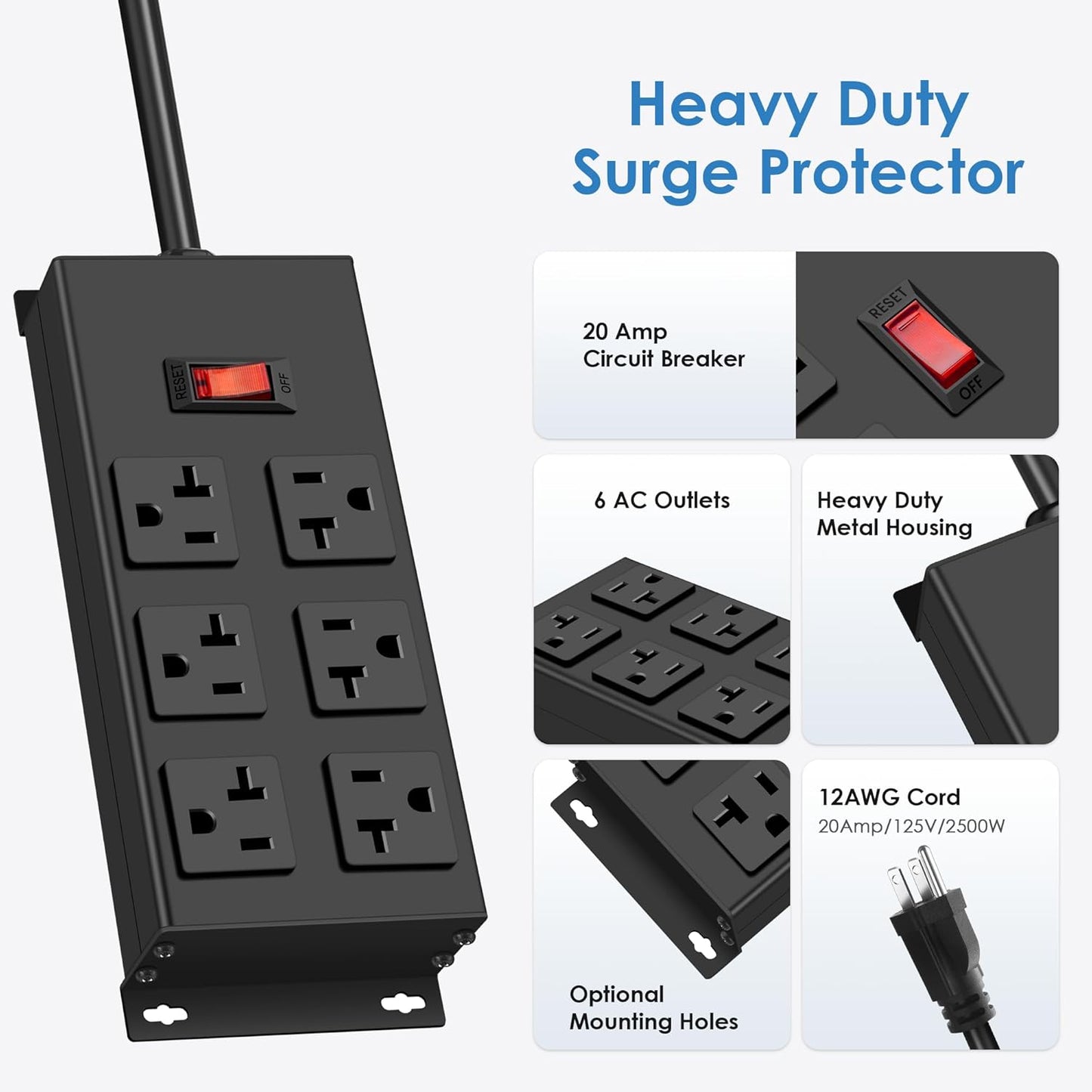 JUNNUJ 20 Amp Power Strip Heavy Duty 2 Pack, Garage 6 Outlets Metal 12 Gauge Surge Protector 3000J, High Amp 5-15P Adapter Shop 6-20R T-Slot Industrial (6AC 2-Pack, 4FT)