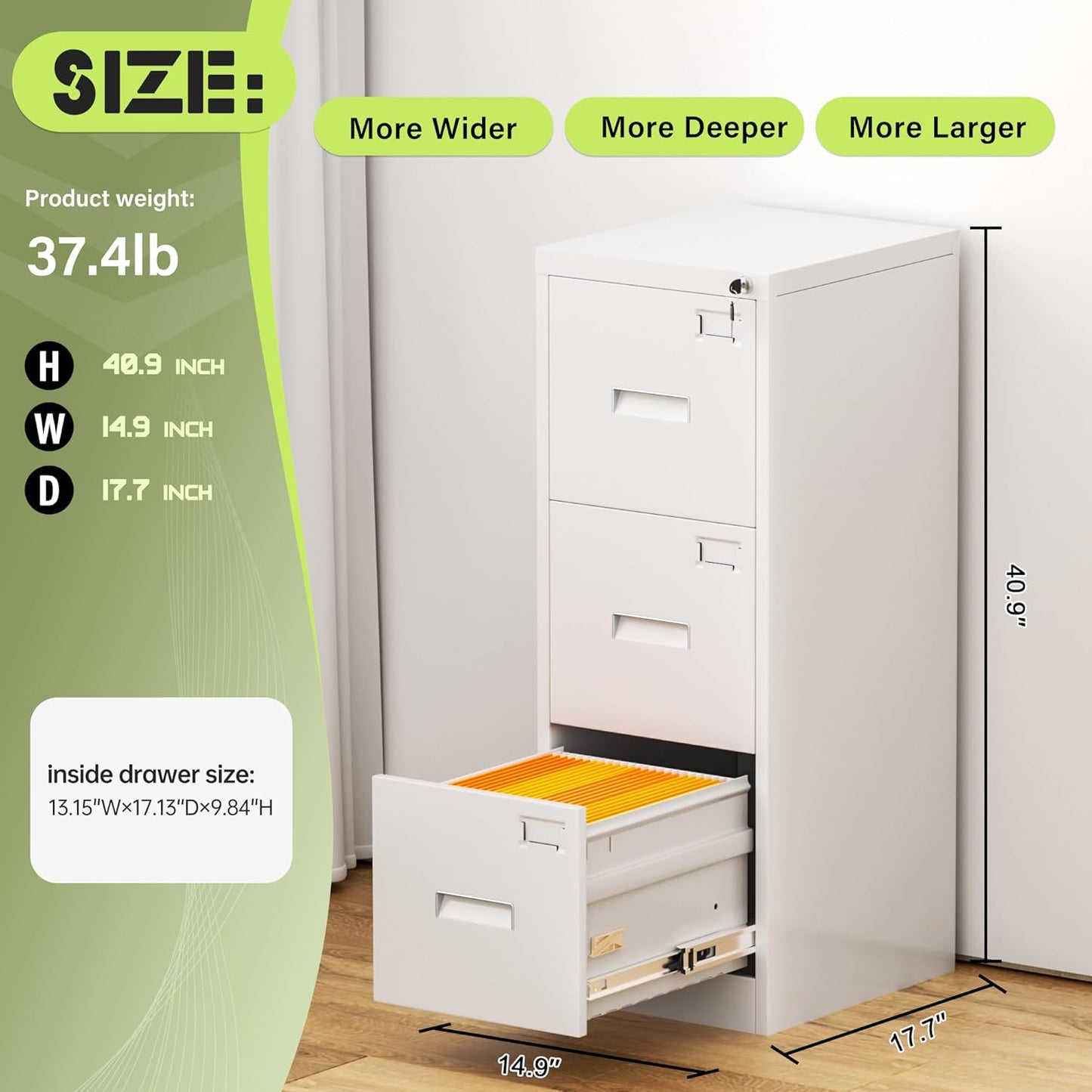 Crownland Lateral File Cabinet with 3 Drawers, 15" W Metal Lockable Office File Cabinets for Home Office- Stores Letter/Legal/A4/F4 Files(White)