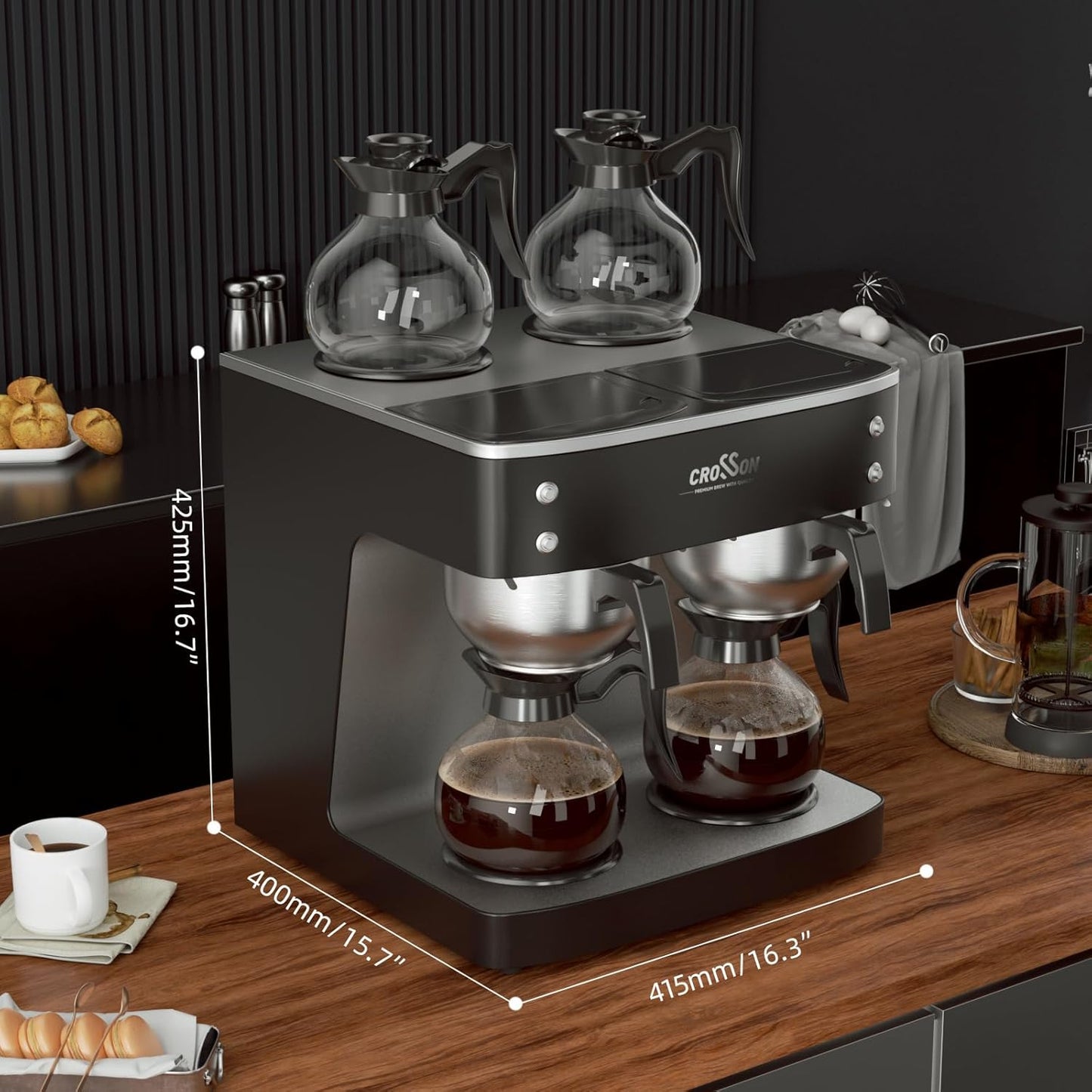 crosson 200 Cup/hour Commercial Drip Coffee Maker, 7.2L Pour Over Coffee Brewer with 4 Glass Decanter&Warmers and Easy Clean Fingerprint Free Housing and 304 Stainless Steel Funnel,