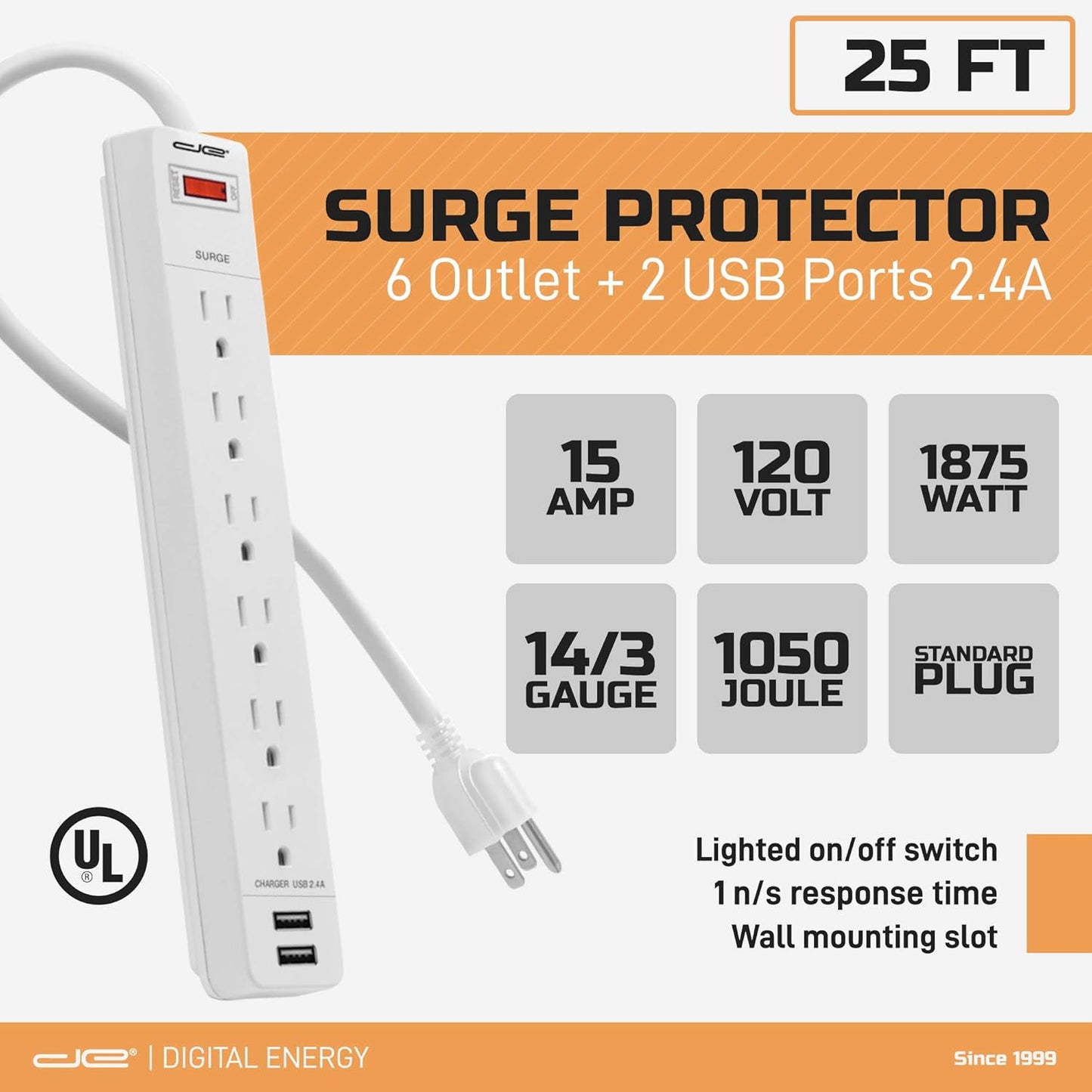 Digital Energy 6-Outlet + 2 USB 1050 Joule Surge Protector Power Strip with 25-Ft Long Extension Cord, White, UL Listed