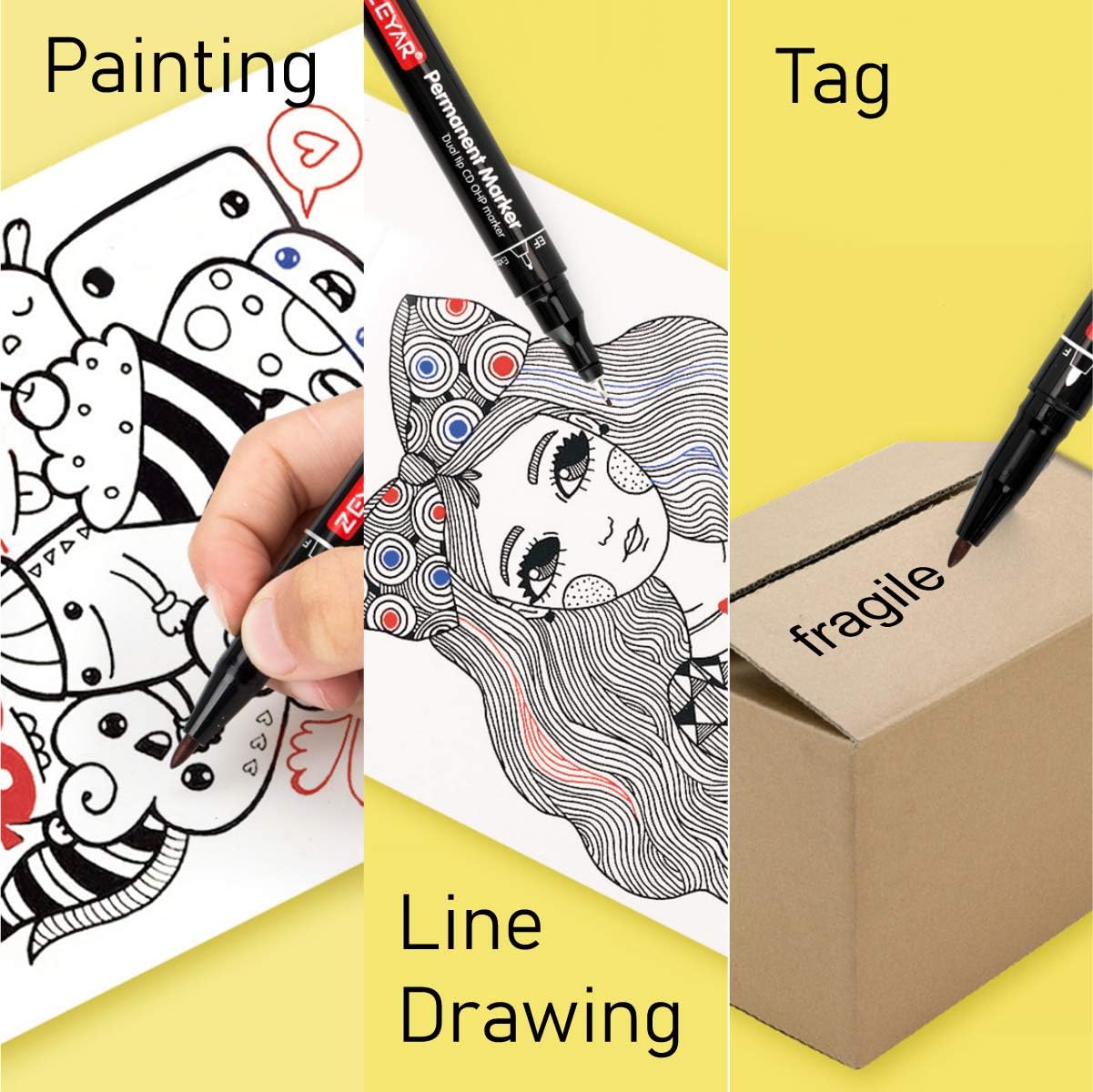 ZEYAR Twin Tip Permanent Markers, CD/DVD Markers, 4 Color, Ultra Fine Point and Fine Point for Signature and Marking (4 Colors, 12 Pack)