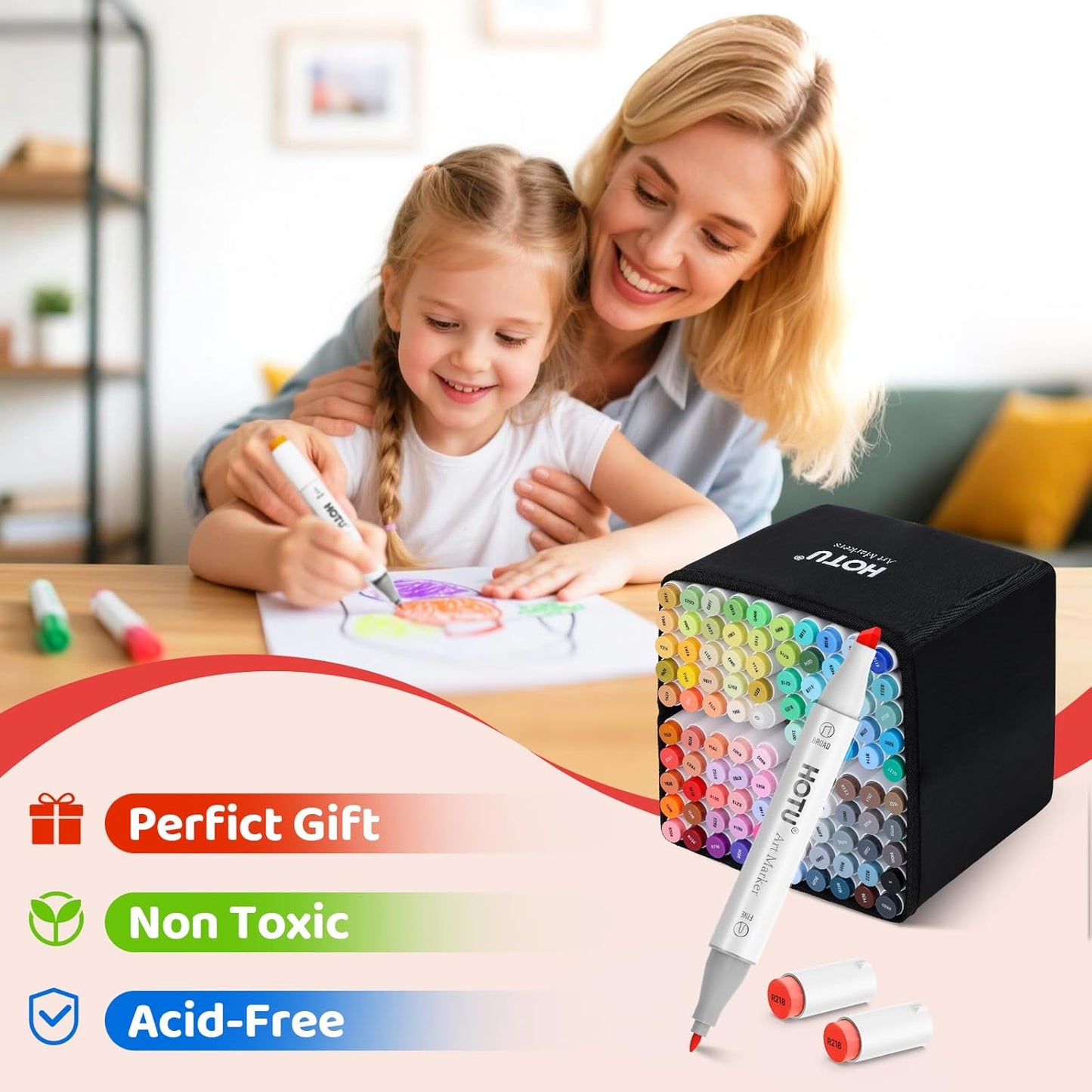 Alcohol Markers, 100 Colors Dual Tips, Coloring Art Marker Set for Adults Kids, Alcohol Based Markers for Permanent, Sketching, Drawing with Non-Blending Pad(Chisel & Fine)