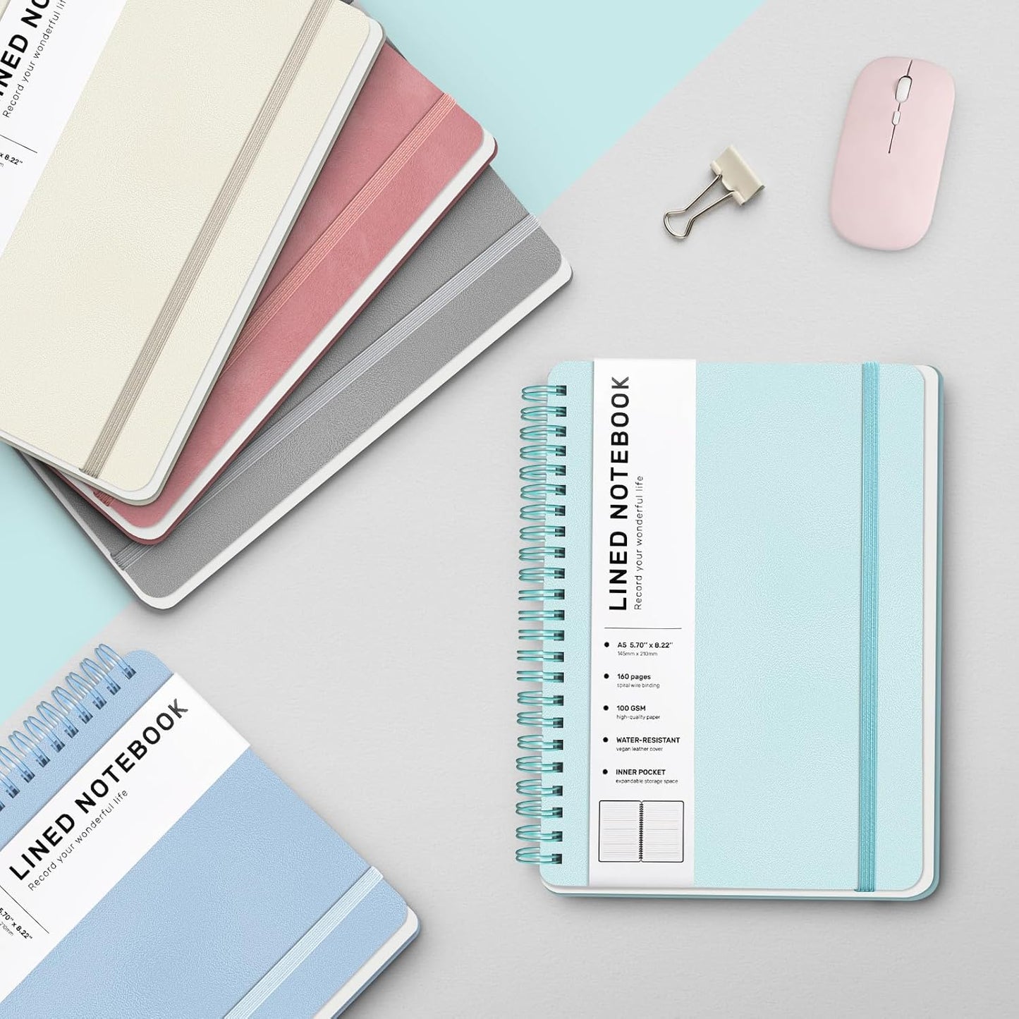 Lined Spiral Journal Notebook, A5 Hardcover Leather Notebook for Work, 5.7''×8.2'', 100GSM Thick Paper Spiral Bound Journaling Notebook for Women Men Office School Note Taking Business, Morandi Green