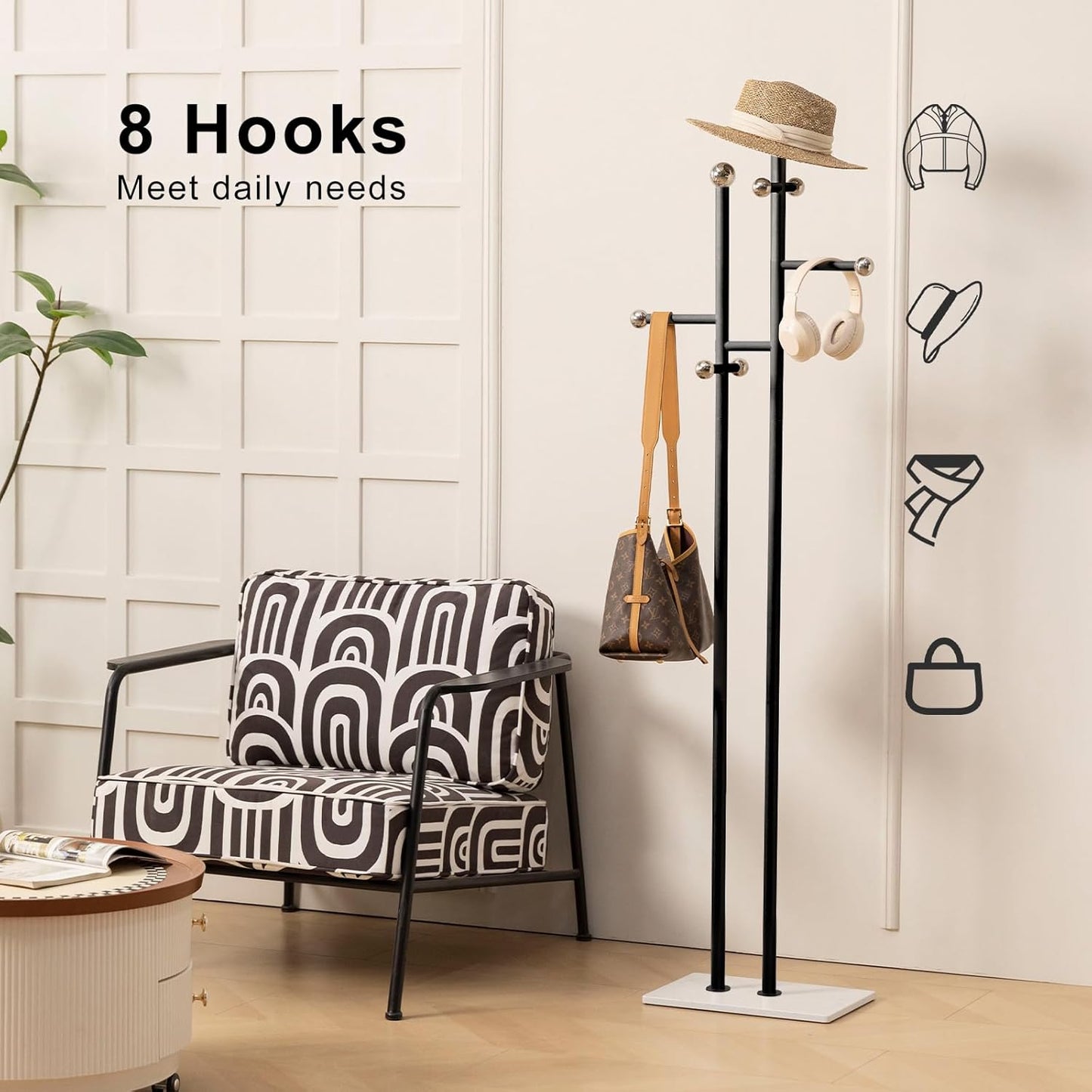 Coat Rack Freestanding with Marble Base Sturdy Coat Tree Heavy Duty Clothes Rack for Entryway Bedroom Living Room Hotel 14.96 x 10.24 x 68.9 Inches (Black)