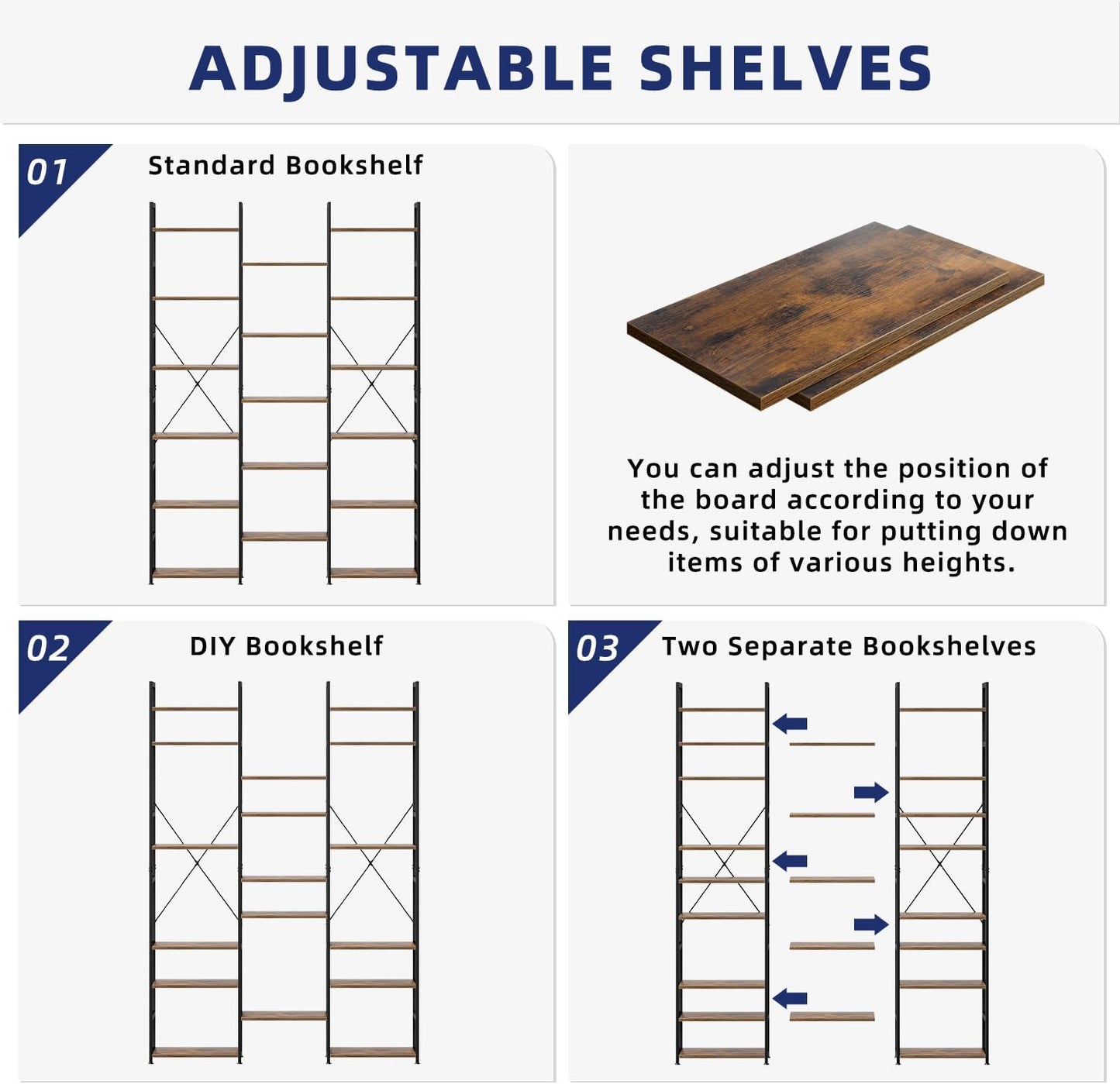 NUMENN Triple Column 6 Tier Bookshelf, Bookcase with 17 Open Display Shelves, Adjustable Rustic Industrial Style Book Shelves, Modern Bookshelves for Bedroom, Living Room and Home Office, Vintage