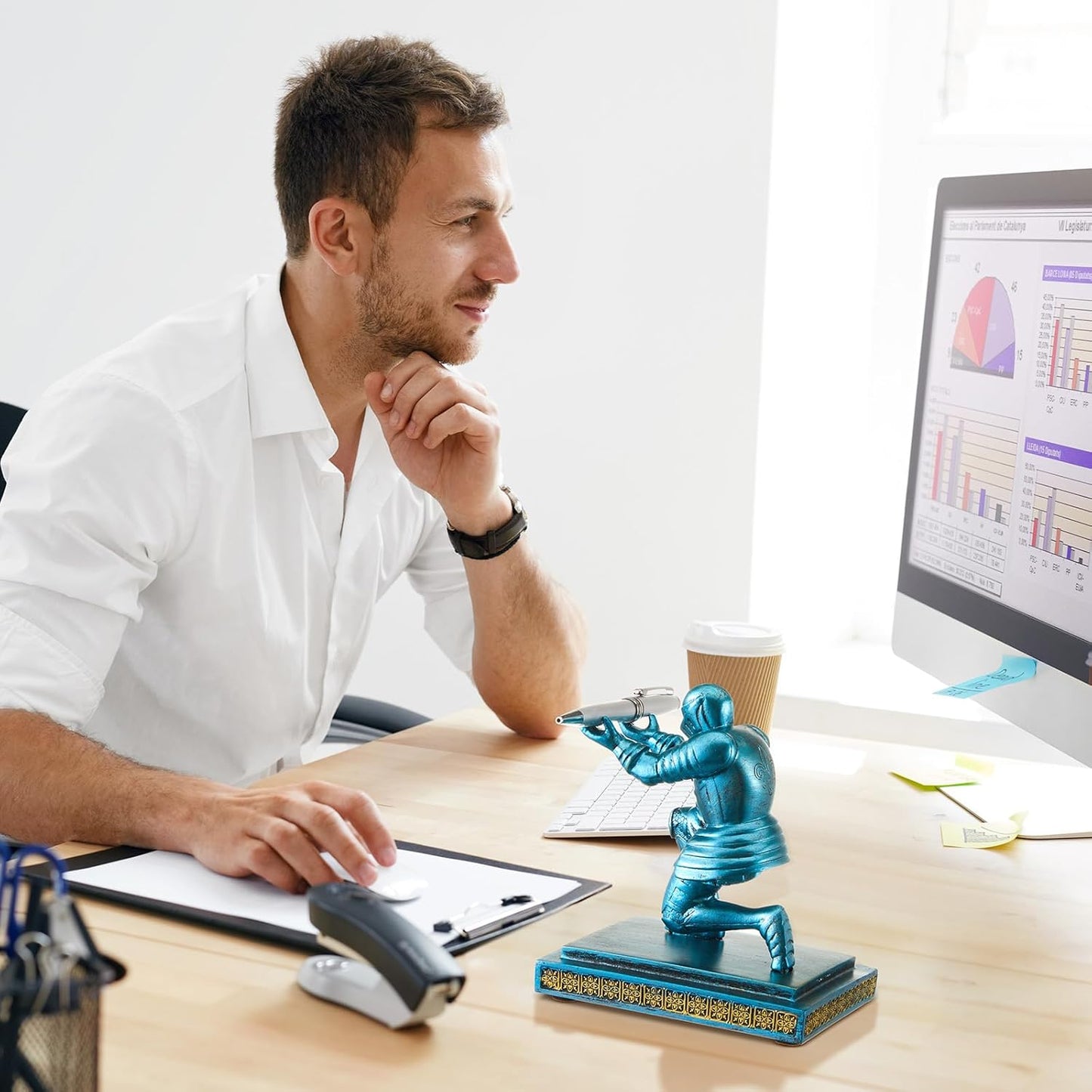 Spakon Knight Pen Holder with 2 Pens Resin Desk Organizers and Accessories Funny Executive Pen Stand Fancy Cool Office Gadgets Cool Desk Decorations for Men Home Supplies(Classic,Blue)