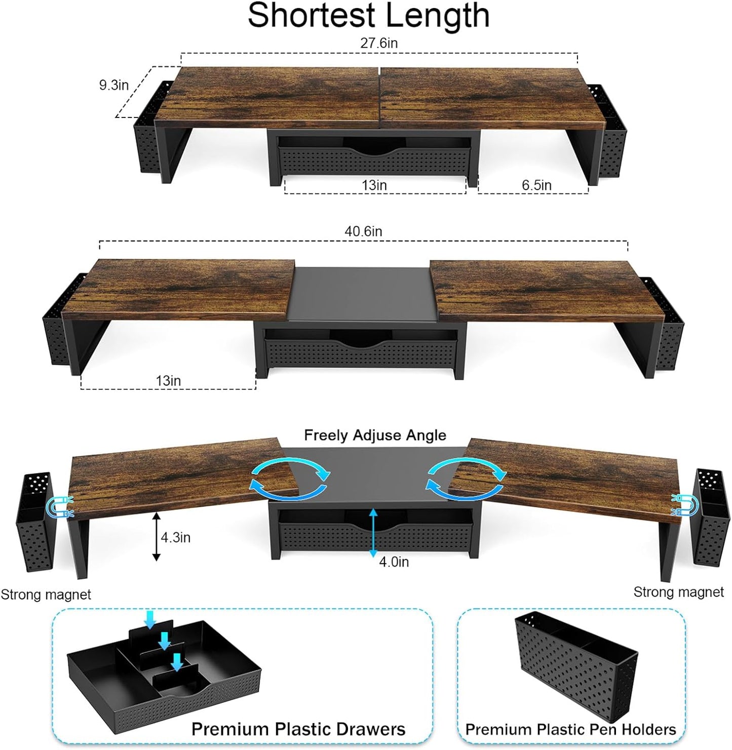 gianotter Dual Monitor Stand Riser, Desk Organizer With Drawer and 2 Pen Holders,Computer Monitor Stand, Desk Shelf for Top of Desk, Wood