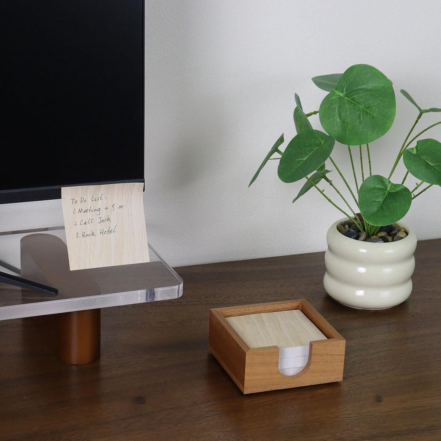 Buqoo Sticky Note Holder, Sapelli Wood Self Stick Note Pad Holders, 4x4 Cube Paper Holder Desk Organizer Suitable for School Home Office Desk Accessories Supplies and Office Desk Decor