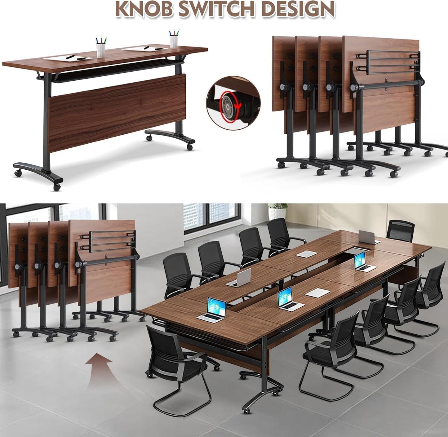 Conference Table, Folding Conference Tables Modern White, Conference Room Table with Wheels, 2-10 People for Office, Meeting Room (4, 1619YHT, 55IN)