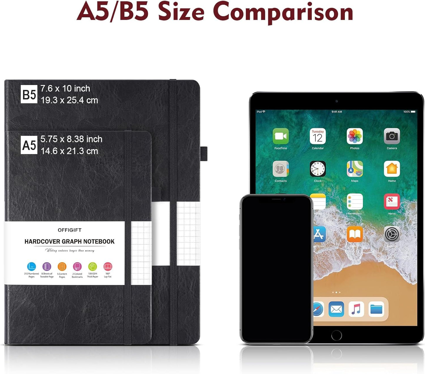 Graph Paper Notebook, 312 Numbered Pages Large A4 Hardcover Leather Journal, 100gsm No Bleed Grid Paper Notebook with Index Pages, Squared Grid Notebook for Graphing Notes Math, 8.5'' × 11'', Burgundy