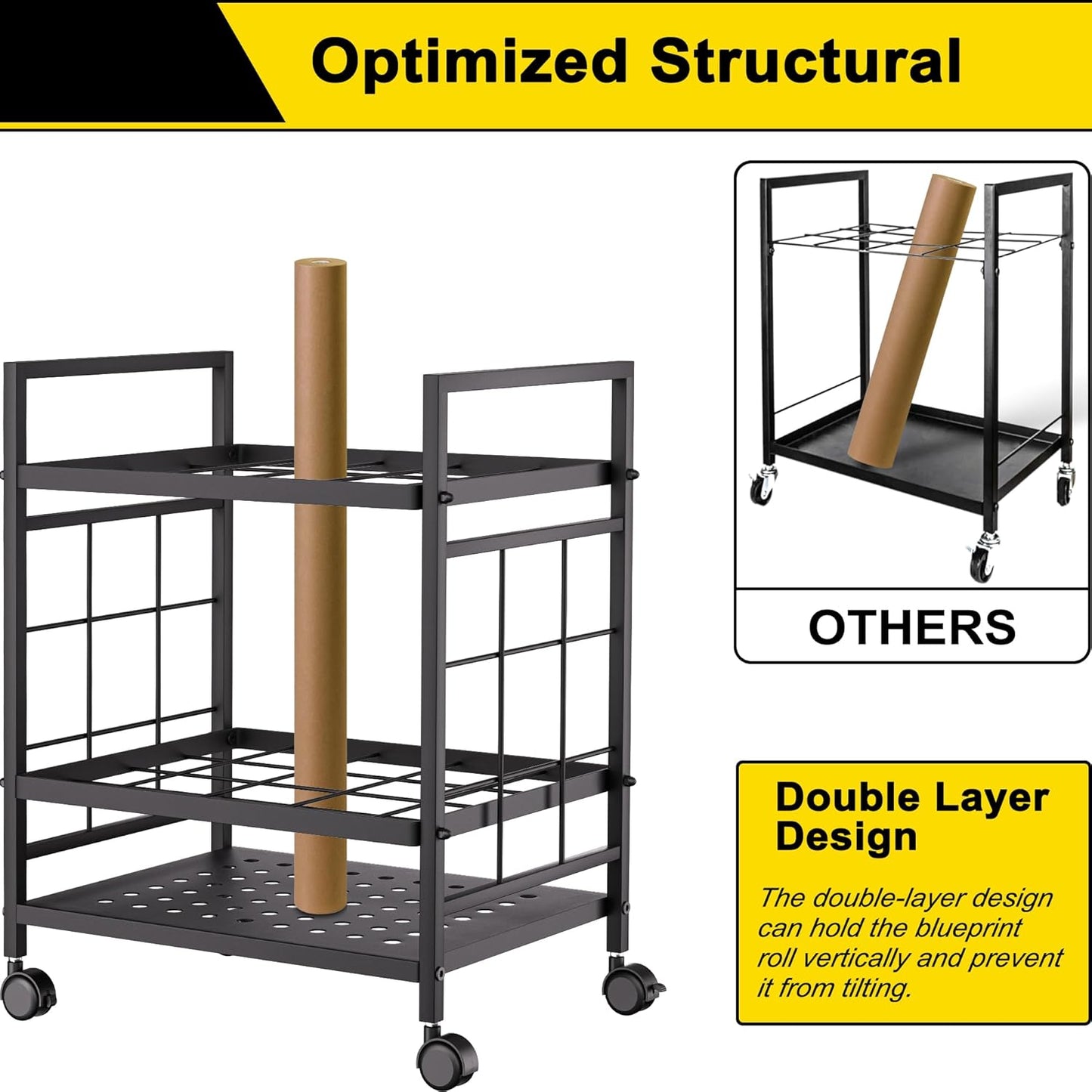 Blueprint Storage Rack, Blueprint Holder with Wheels, Used for Storing Blueprint/Carpet/Map/Poster/Architectural Construction Plan, 20 Slots(3.2" x 3.2"), Silent wheel for Home, Office, School(Black)