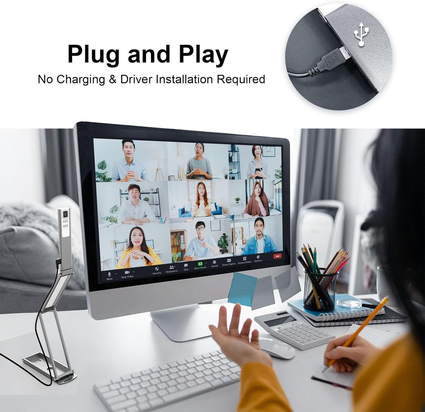 Adesso 4K Ultra HD 8MP USB Document Camera & Webcam with Built-in Microphone, LED Light, Autofocus, Multi-Jointed Design, Folding for Live Demo, Web Conferencing, Distance Learning, Remote Teaching