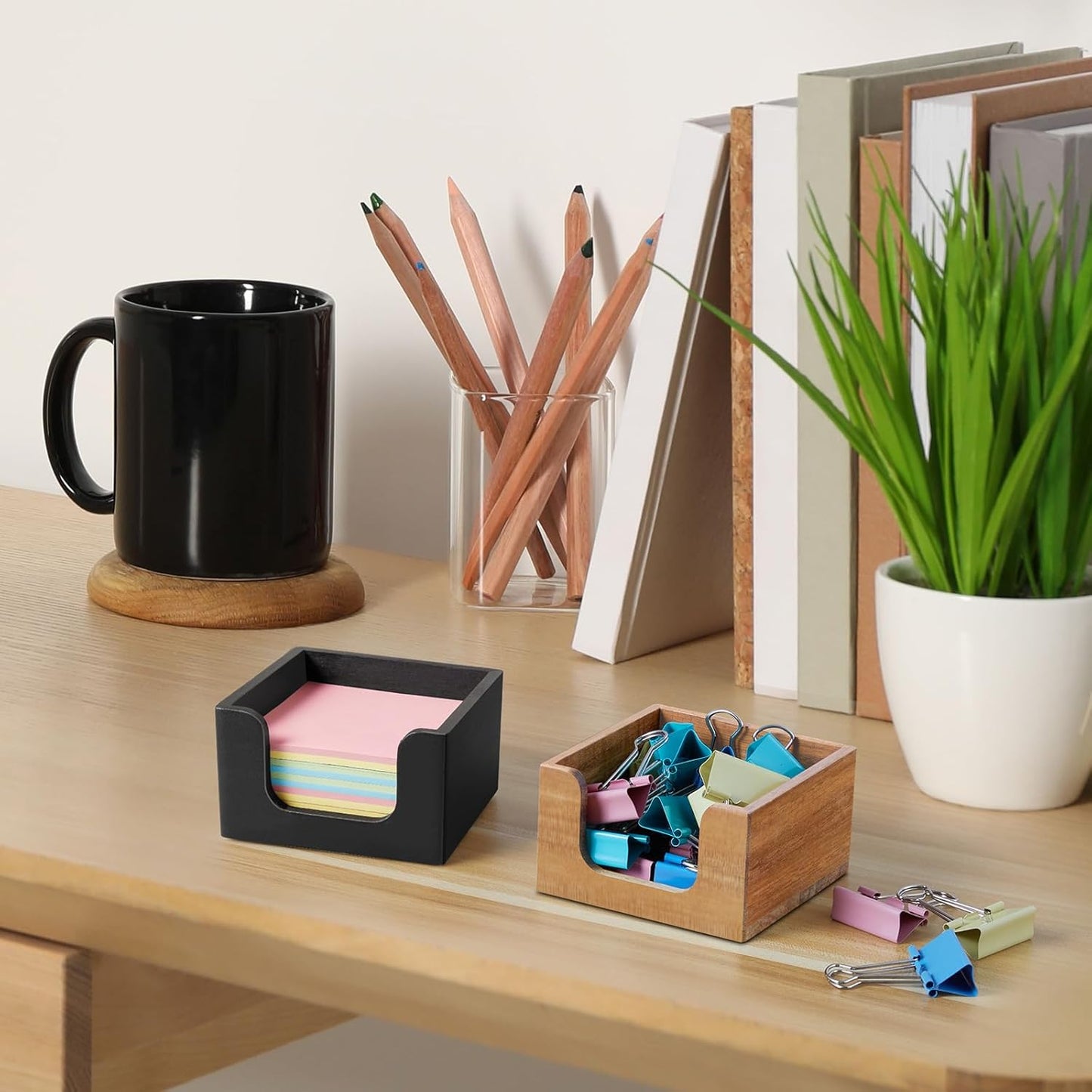 Wood Sticky Note Holder, Post It Note Dispenser for Office Desk Accessories, Self Stick Note Pad Holder, Memo Pad Holder Dispenser Organizer for School Office Desk Supplies, Black