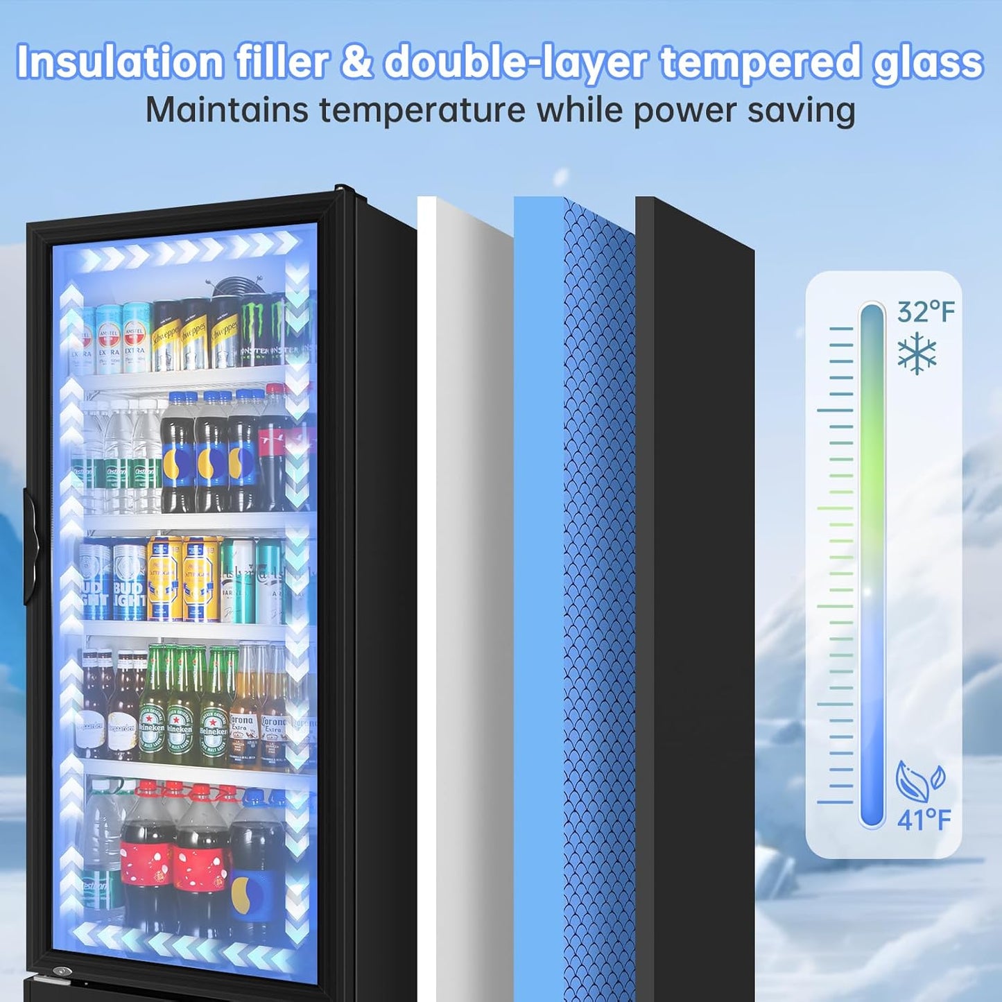 Commercial Beverage Refrigerator, 24.5 Inch 15 Cu. Ft. Drink Fridge, Display Refrigerator with Glass Door, Commercial Display Fridge with 4 Adjustable Shelves, for Shops, Restaurants, Bars