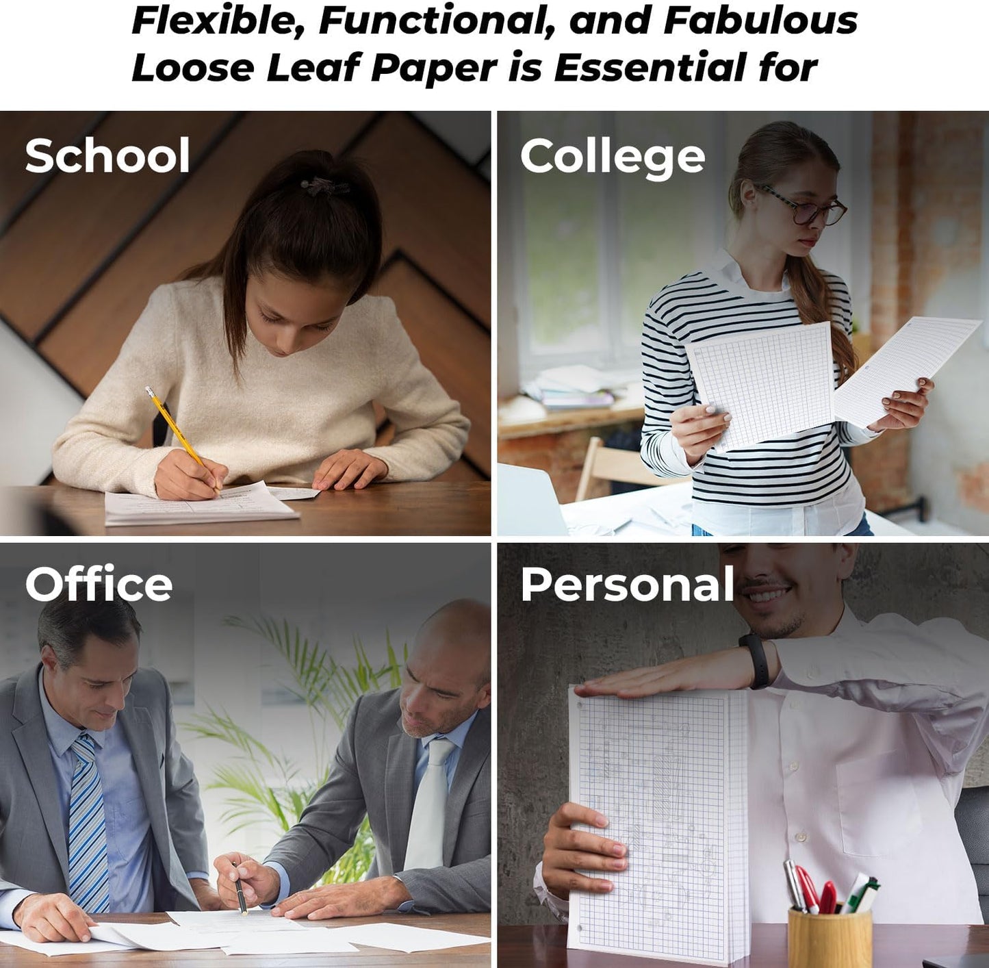 6 Pack Graph Paper, 900 Sheets, 4x4 Loose Leaf Paper, 8" x 10.5", 3 Hole Punched for Binders, Grid Paper, 54 GSM Thick Graphing Paper, Quad Ruled Paper, Notebook Paper for School & College