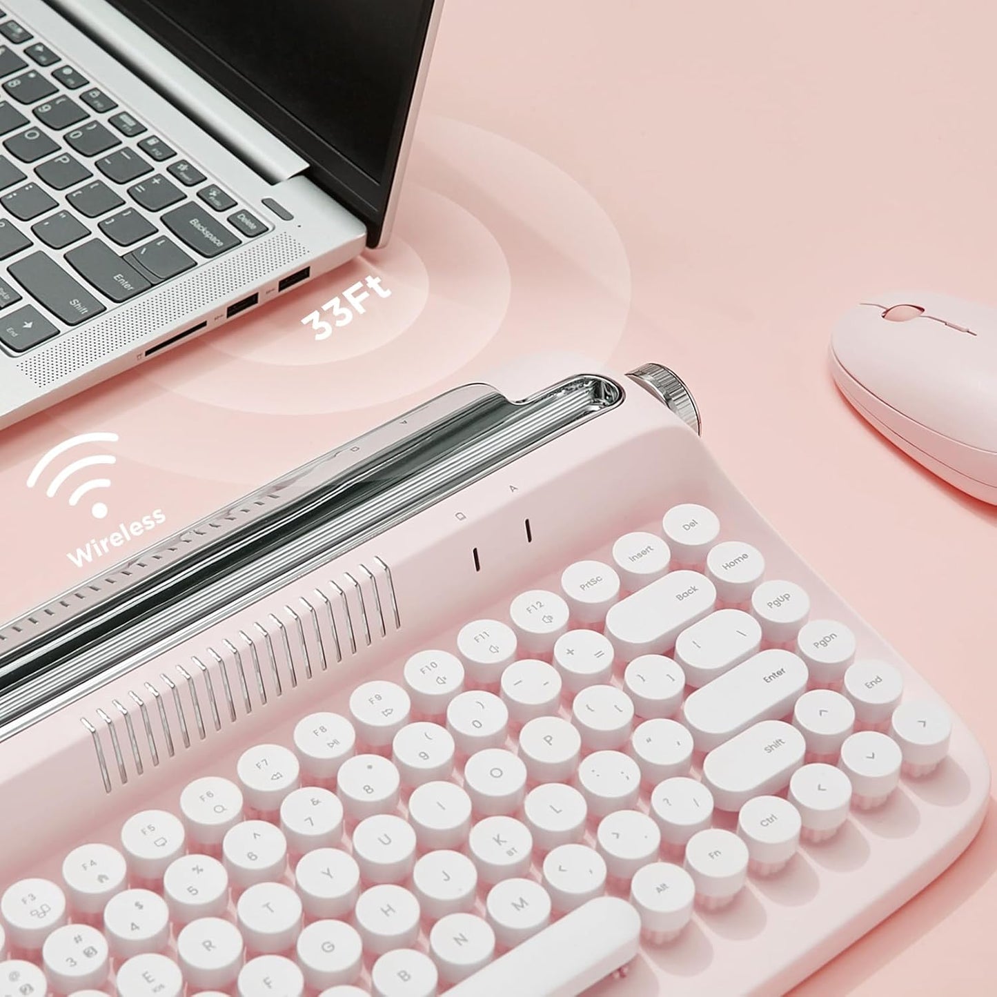 YUNZII ACTTO B303 Wireless Typewriter Keyboard, Bluetooth Connection, Cute Retro Aesthetic Design with Integrated Stand for Tablet, Phone, PC and Win/Mac/Android(B303, Baby Pink)