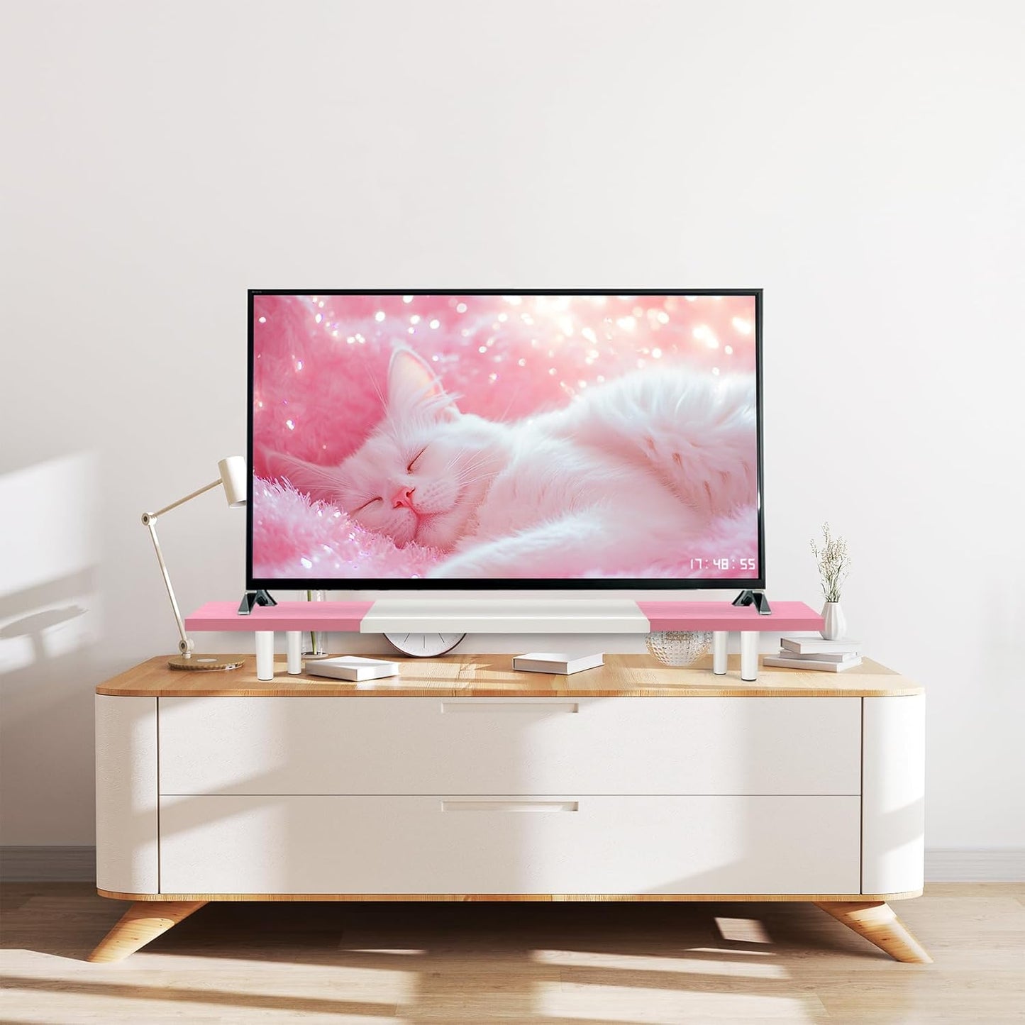 Dual-Monitor-Stand-Riser-For-Desk Adjustable Length 32-40 Inch,Large Desktop Computer Monitor Riser For 2 Screens,Desk Shelf Organizer Riser Stand For Computer/Laptop/PC/Printer/TV