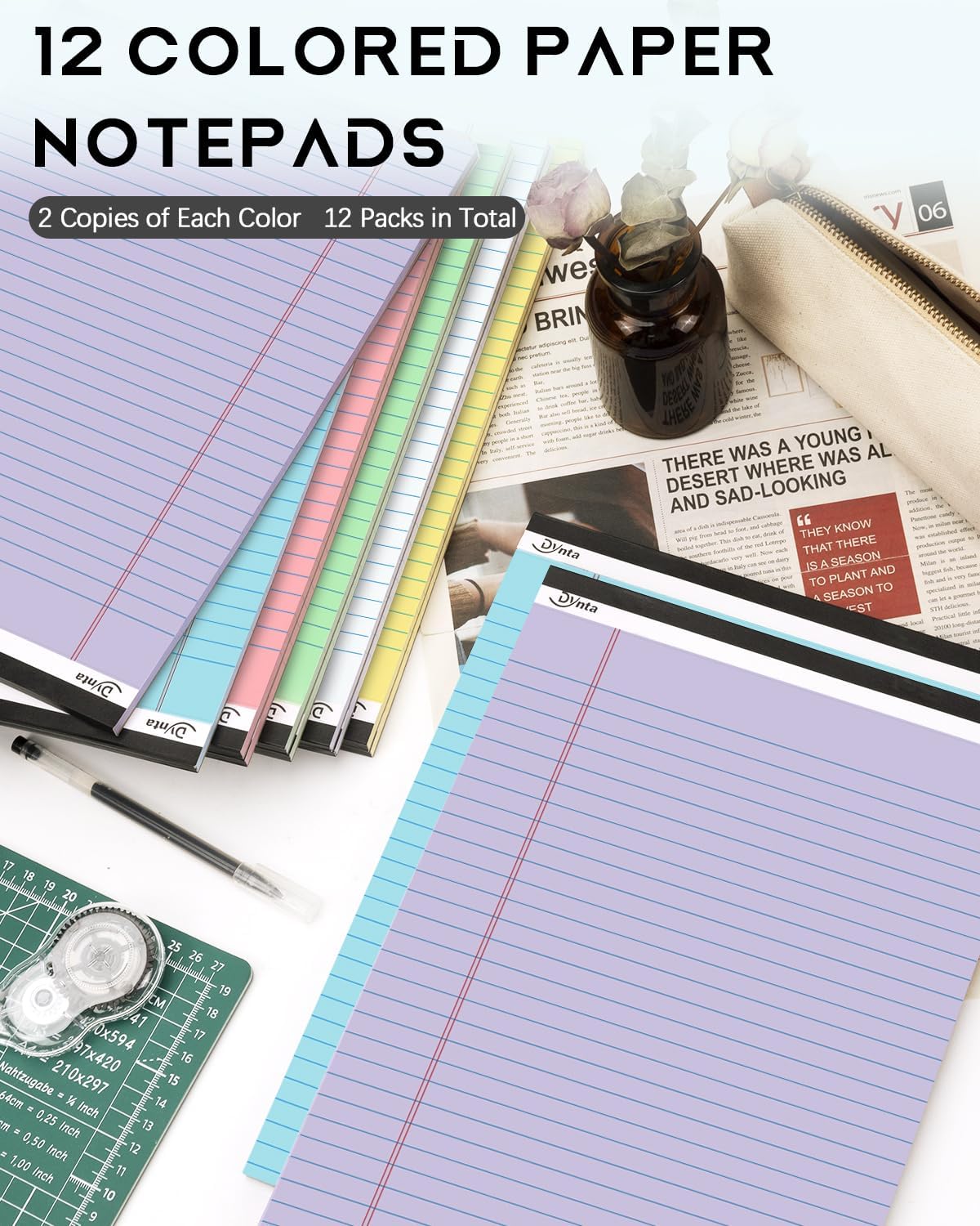 Dynta Legal Pads 8.5 x 11 Note Pads 12 Packs Bulk, Wide Ruled Assorted Colored Notepads Micro Perforated, Writing Legal Pad for Home School Office Business Travel Work, 45 Sheets/90 Pages