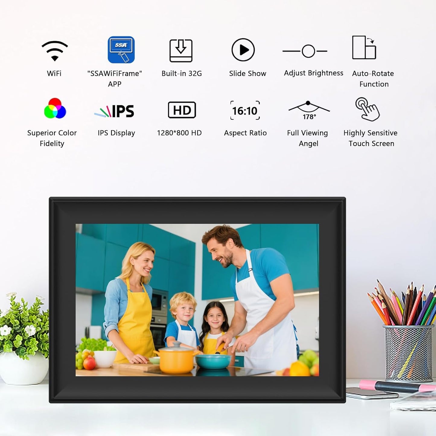 SSAWiFiFRAME Digital Picture Frame 10.1 inch Photo Frame with 50 Photos /200MB Video Sharing via Free APP 32 GB HD IPS Touchscreen, Gift for Grandparents, Parents (Birthday Christmas)