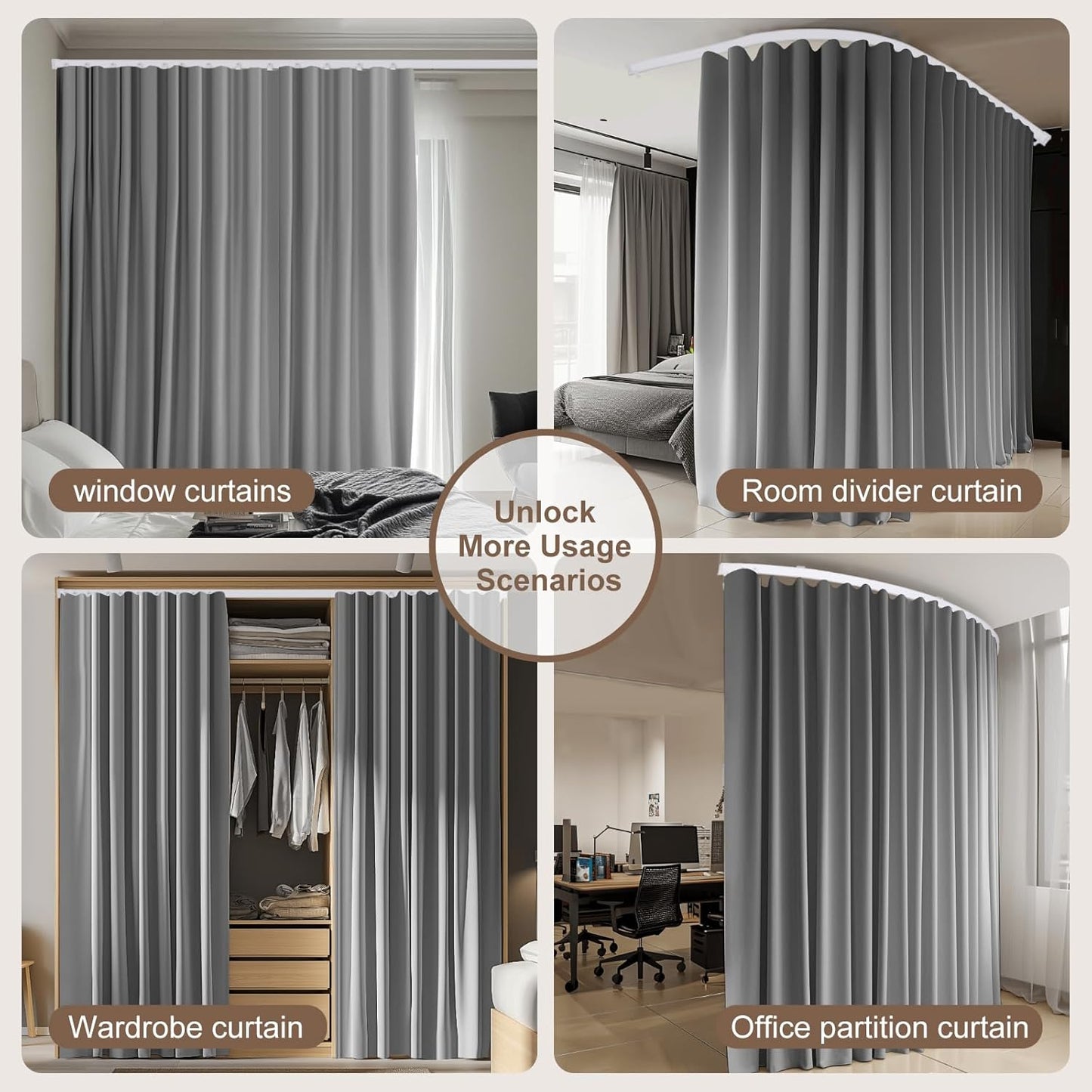 Room Divider Curtains & Flexible Bendable Tracks Set,Privacy Dividers Ceiling Track Curtain Window Blackout Curtains for Living Room Bedroom (W180 × H84 in 1 Panel Grey Drape & White Rail)