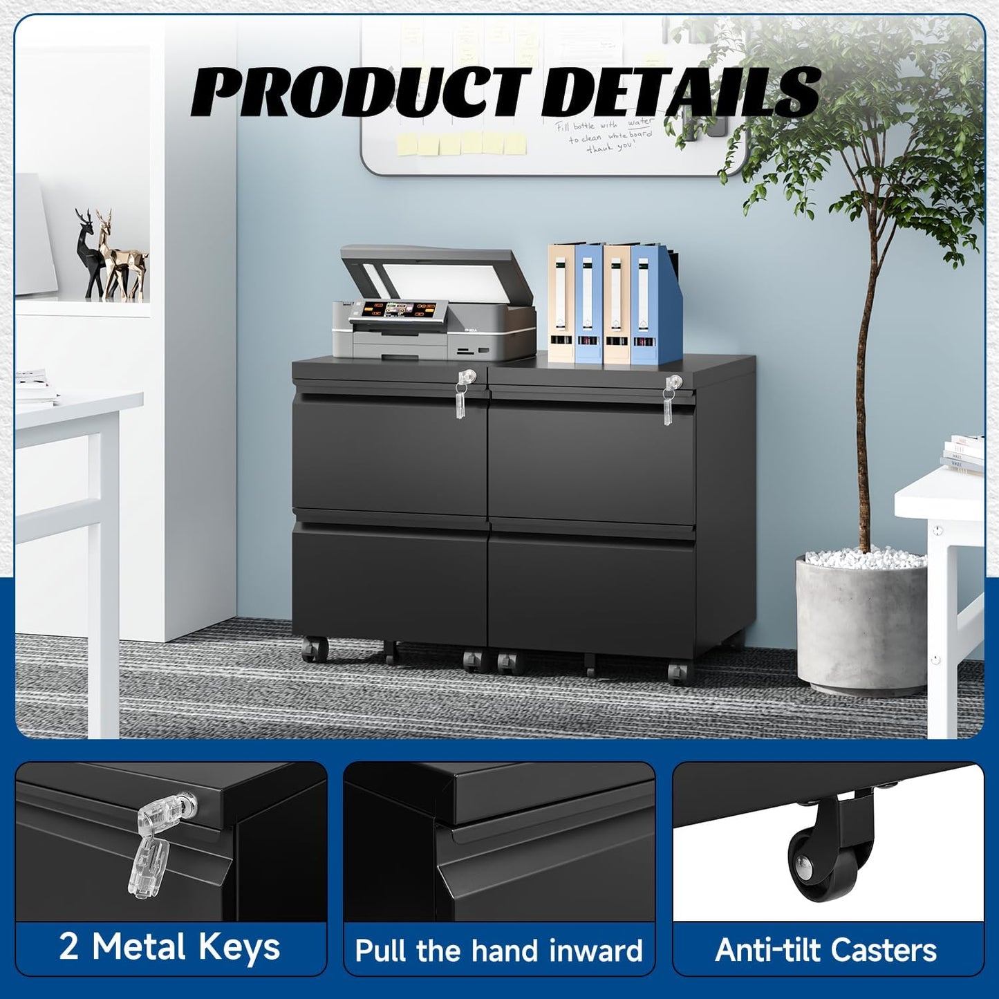 2 Drawers Vertical File Cabinet - Fully Assembled Black Under Desk Mobile Filling Cabinet Small Lockable Home Office File Cabinets for A4/Letter/Legal Size