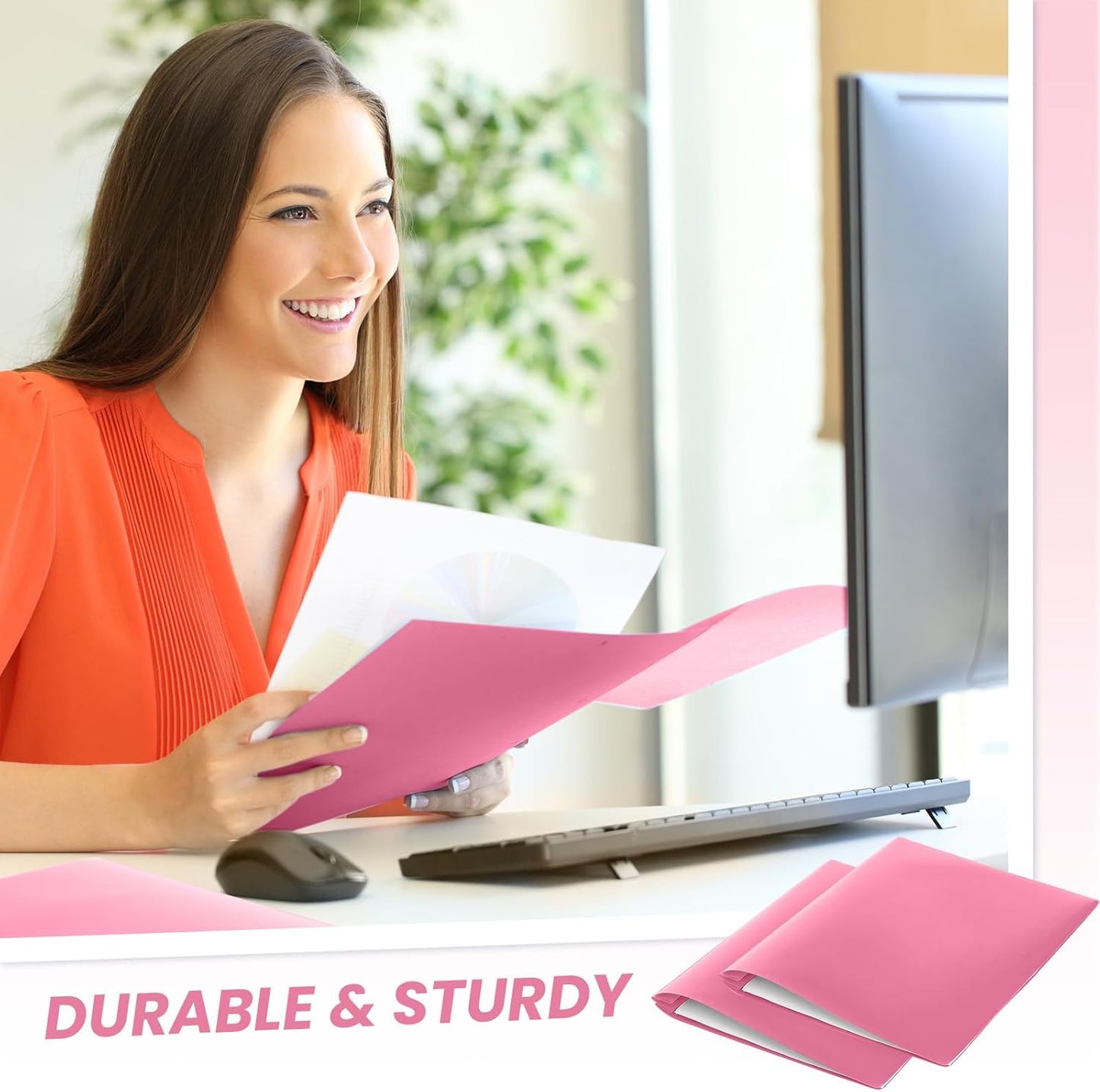 Lincia 100 Pcs Plastic Folders with Pockets and Prong Folders with Prongs 2 Pockets for Office, School for Students, Teachers, Office Workers(Pink)
