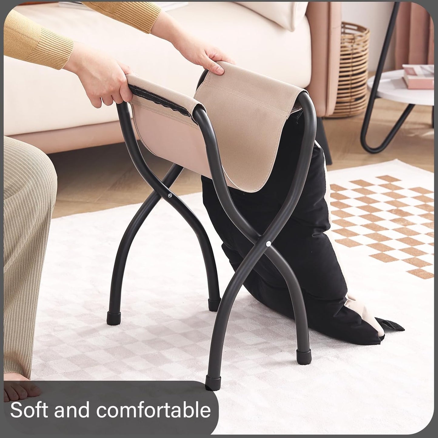 LITA 2 Pcs Folding Upholstered Footrest Stool, Modern Small Portable Accent Ottoman with Detachable Thick Cotton Cushion, Padded Sofa Stool with Metal Frame, Living Room & Bedroom,Velvet Black